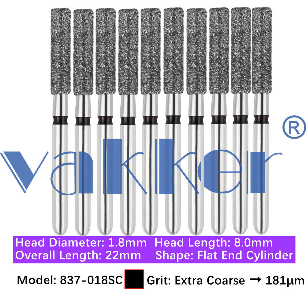 Vakker 10pc Dental Diamond Burs Shape Flat & Round End Modified Cylinder Bur