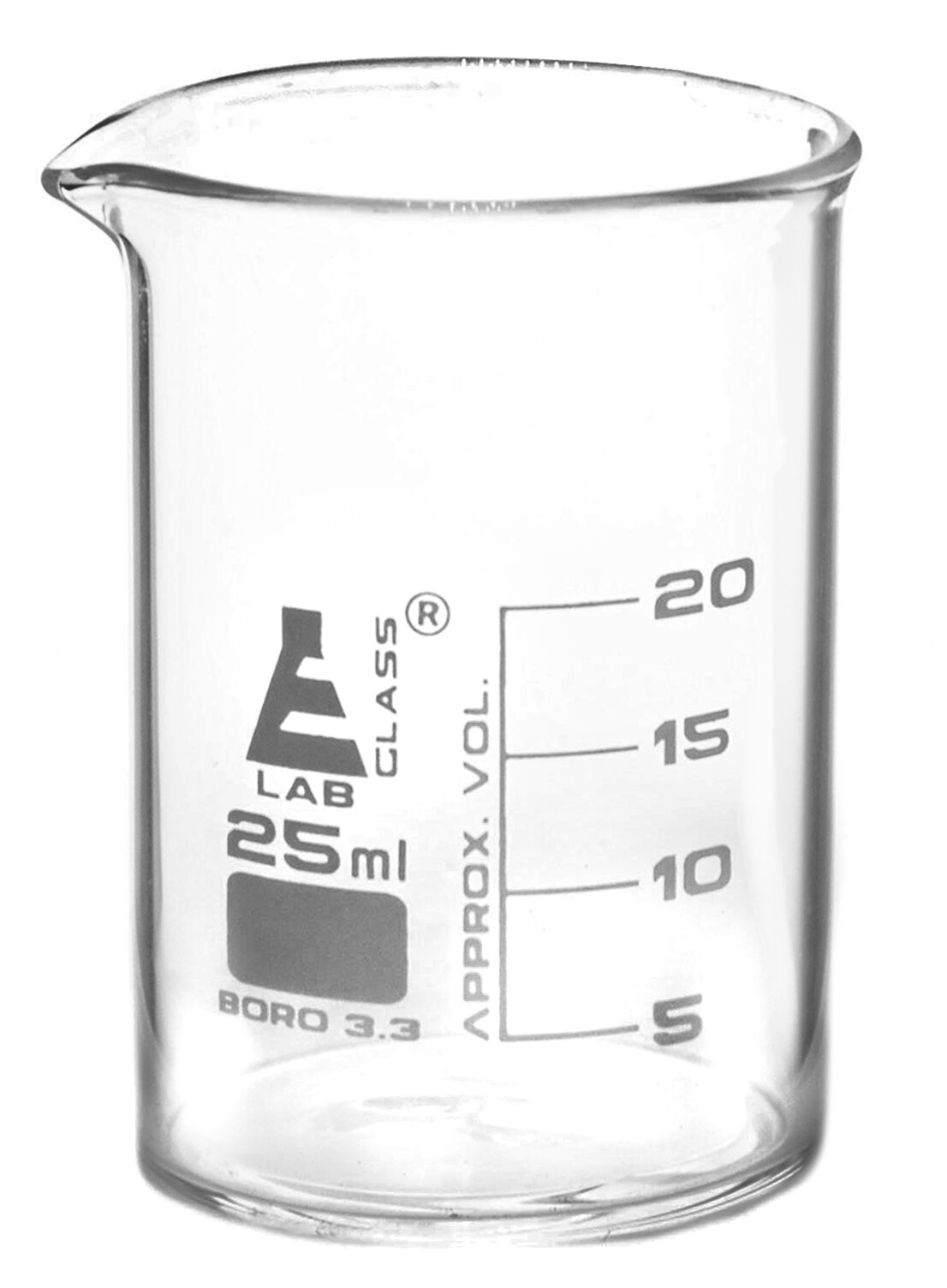 Eisco Labs 25ml Beaker, 25ml Graduation Low Form – Borosilicate Glass