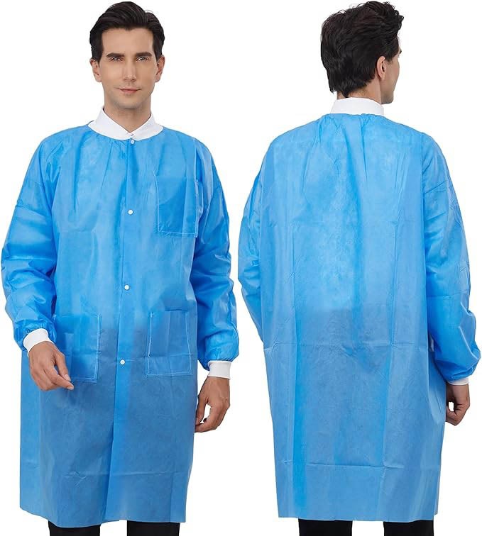 Case of 50 Medical Disposable SMS Lab Coat Gown Blue, 35gsm, With Pockets