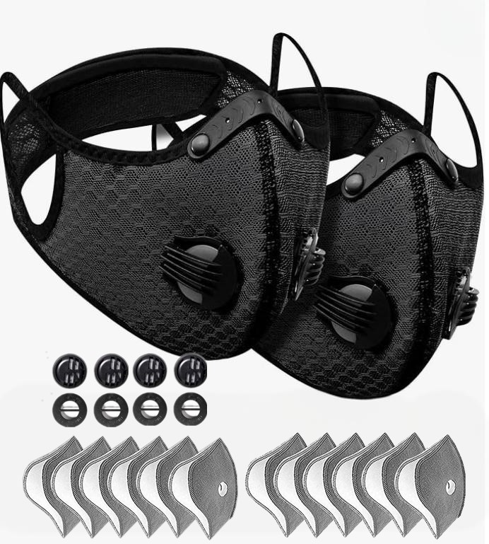 2Pack Reusable Cycling Sports Face Mask Breathing Valves W/ Active Carbon Filter