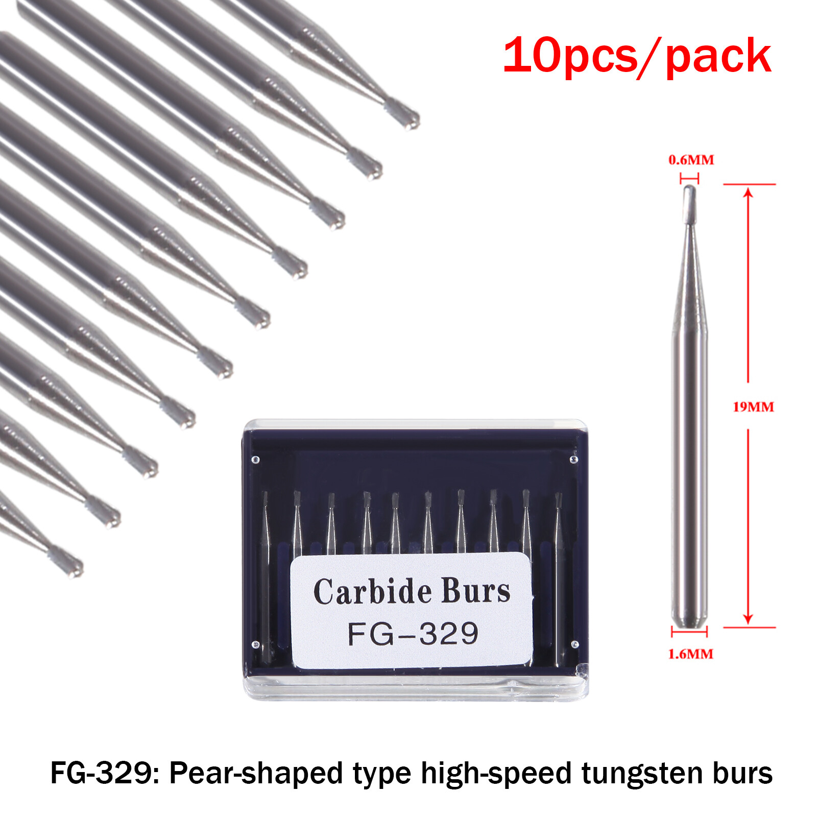 1 Box Dental Carbide Burs Pear-Shaped Type High Speed Tungsten Steel Bur FG329