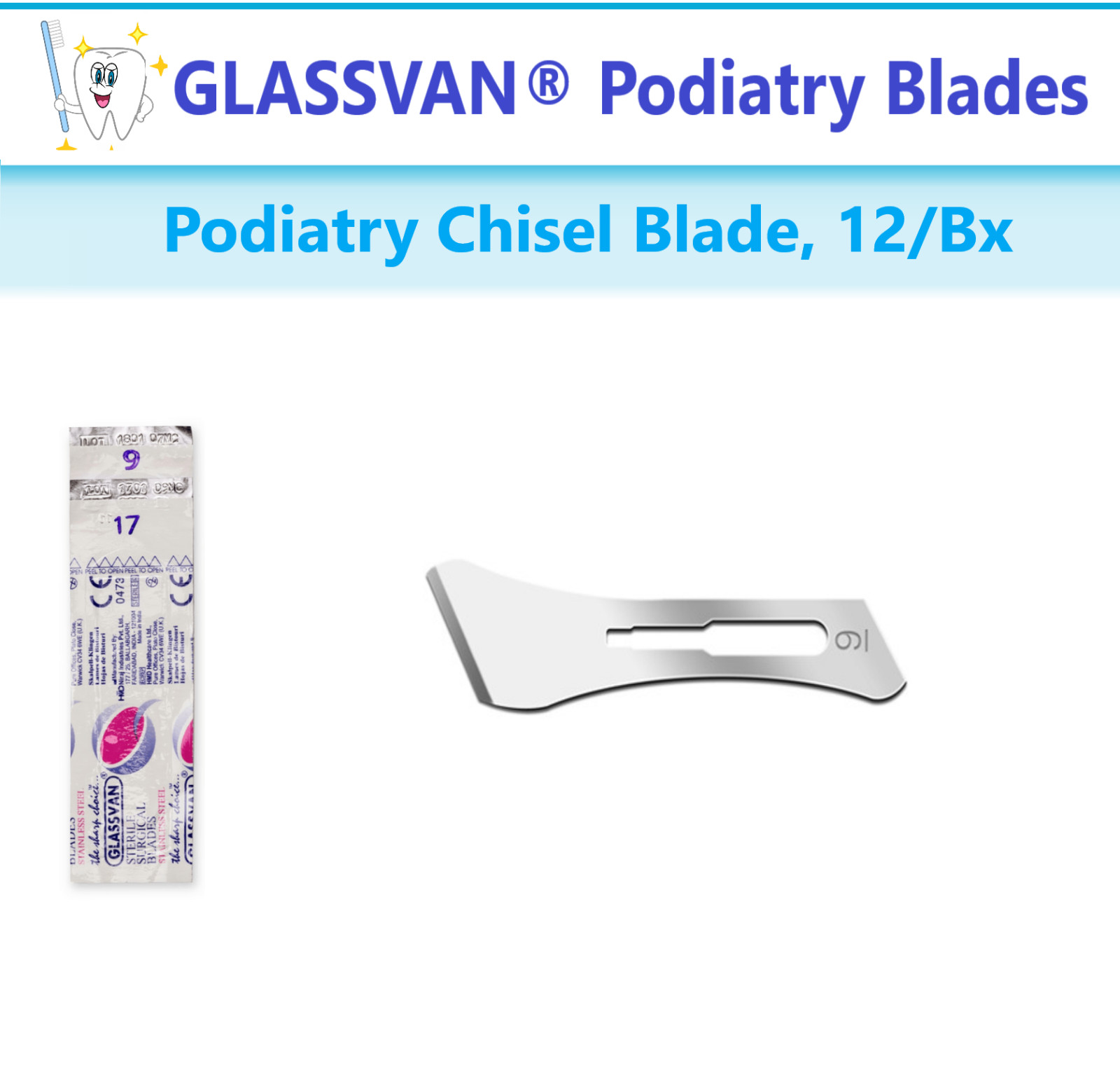GLASSVAN® Podiatry Blades #9, #81, #88, #313, #314 Podiatry Chisel Blade, 12/Bx