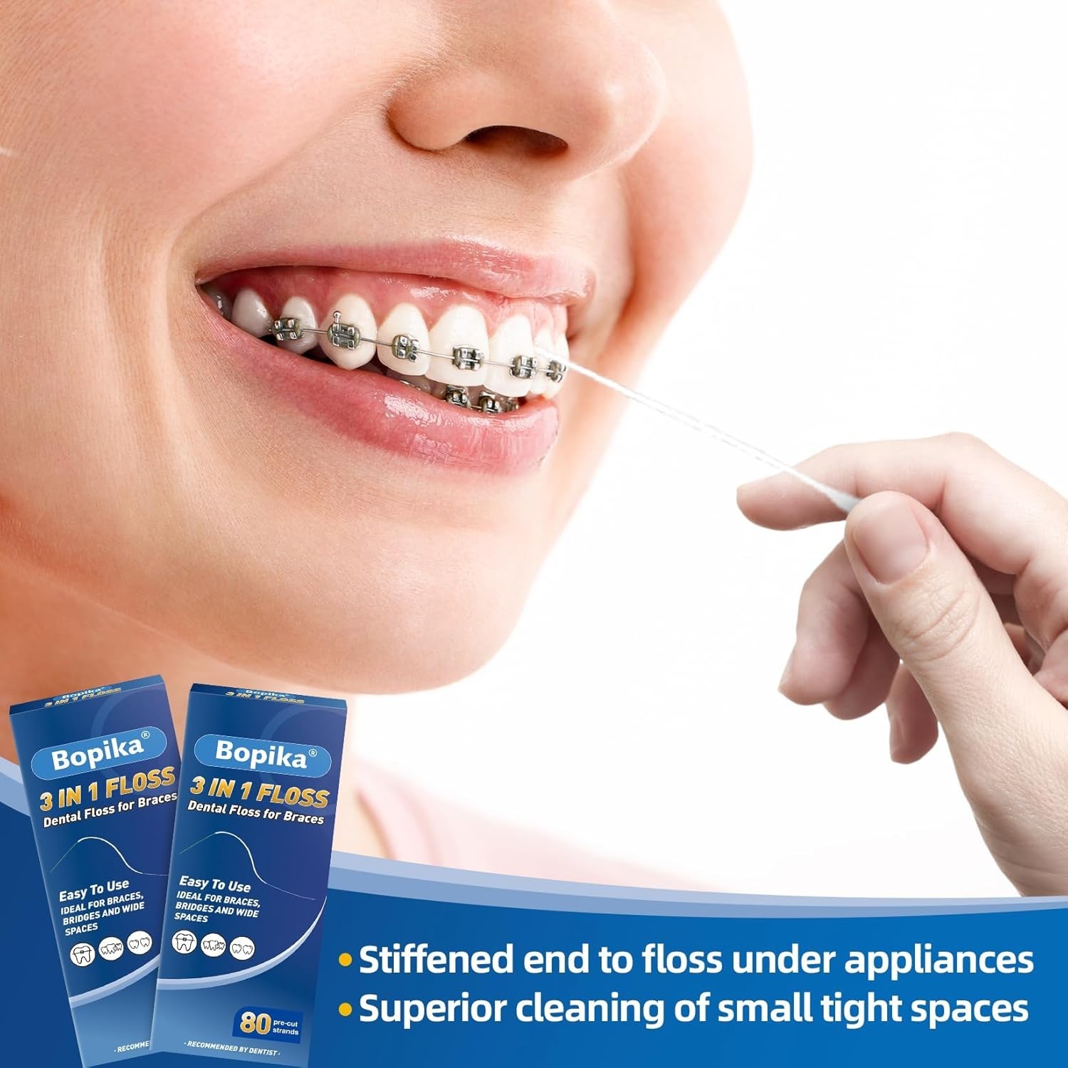 Bopika Dental Floss for Braces, 3 in 1 Ultimate Floss, 80 Foot (Pack of 2)