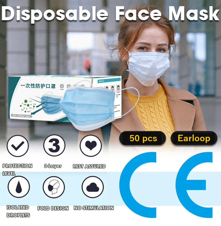50PCS 3 Layers Disposable Face Masks Breathable Blue Elastic Earloop Safety Mask