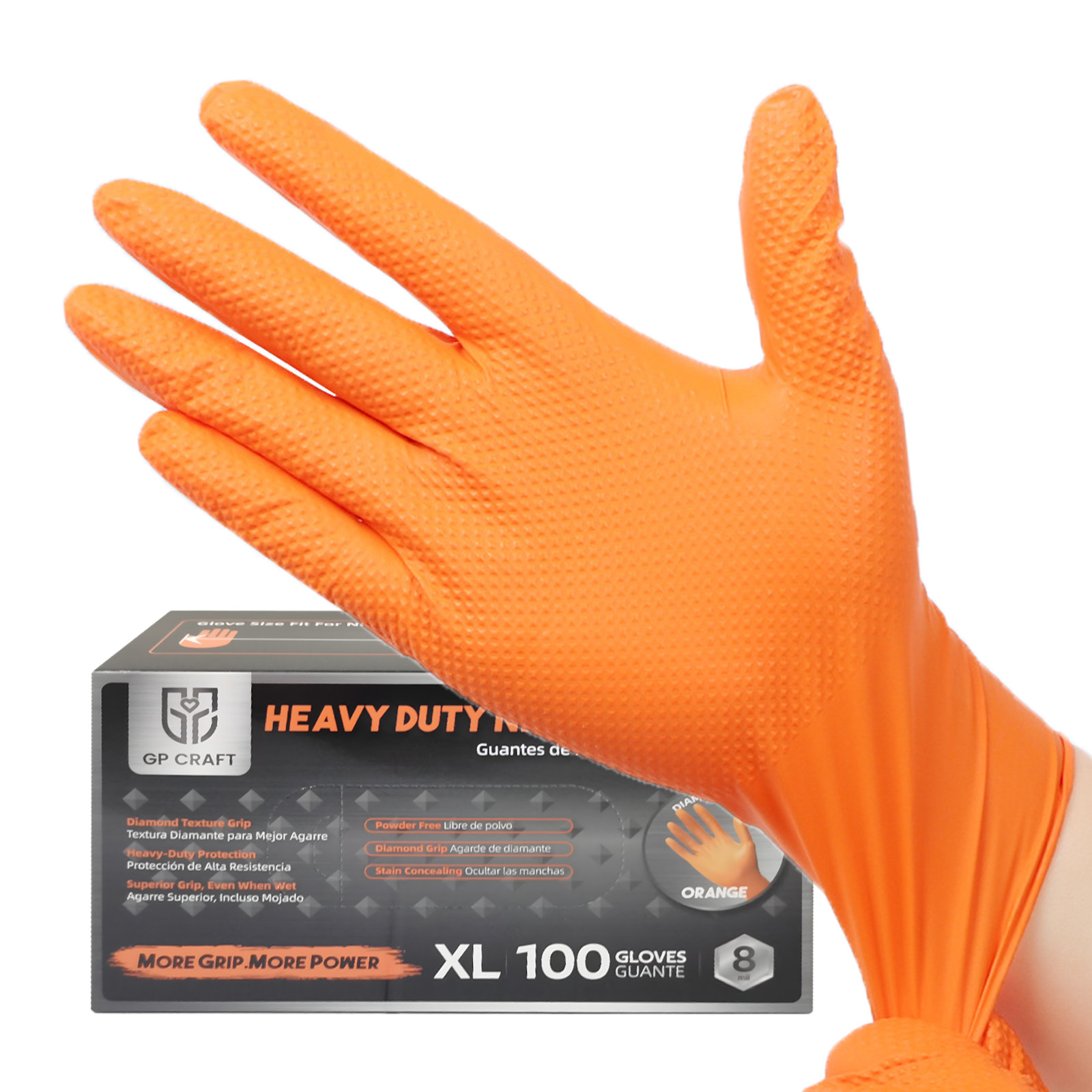 GP Craft Orange Large Nitrile Gloves Diamond 8Mil Disposable Latex Free 1000/Cas