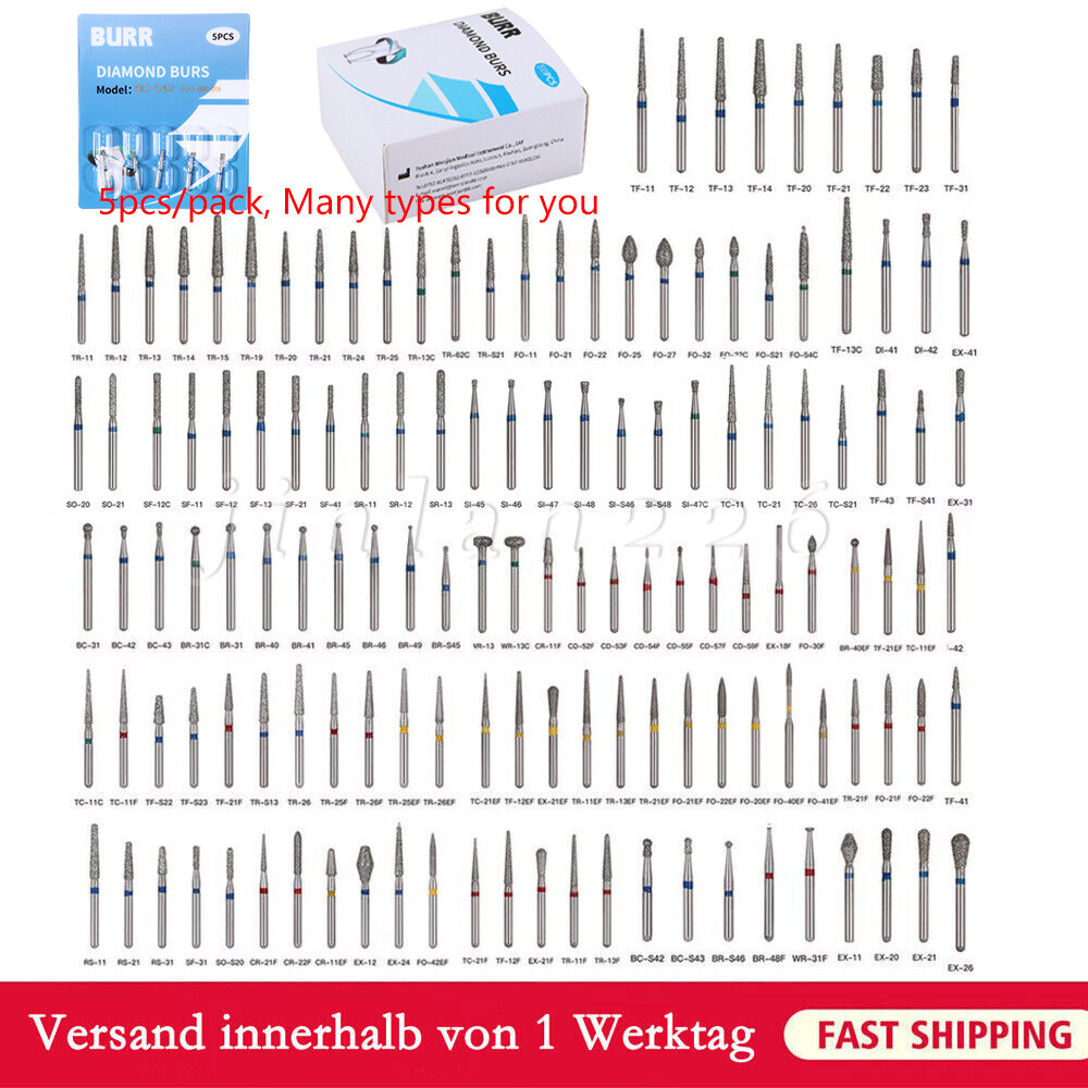 100 Types Dental FG Diamond Burs For High Speed Handpiece Friction Grip 50pcs