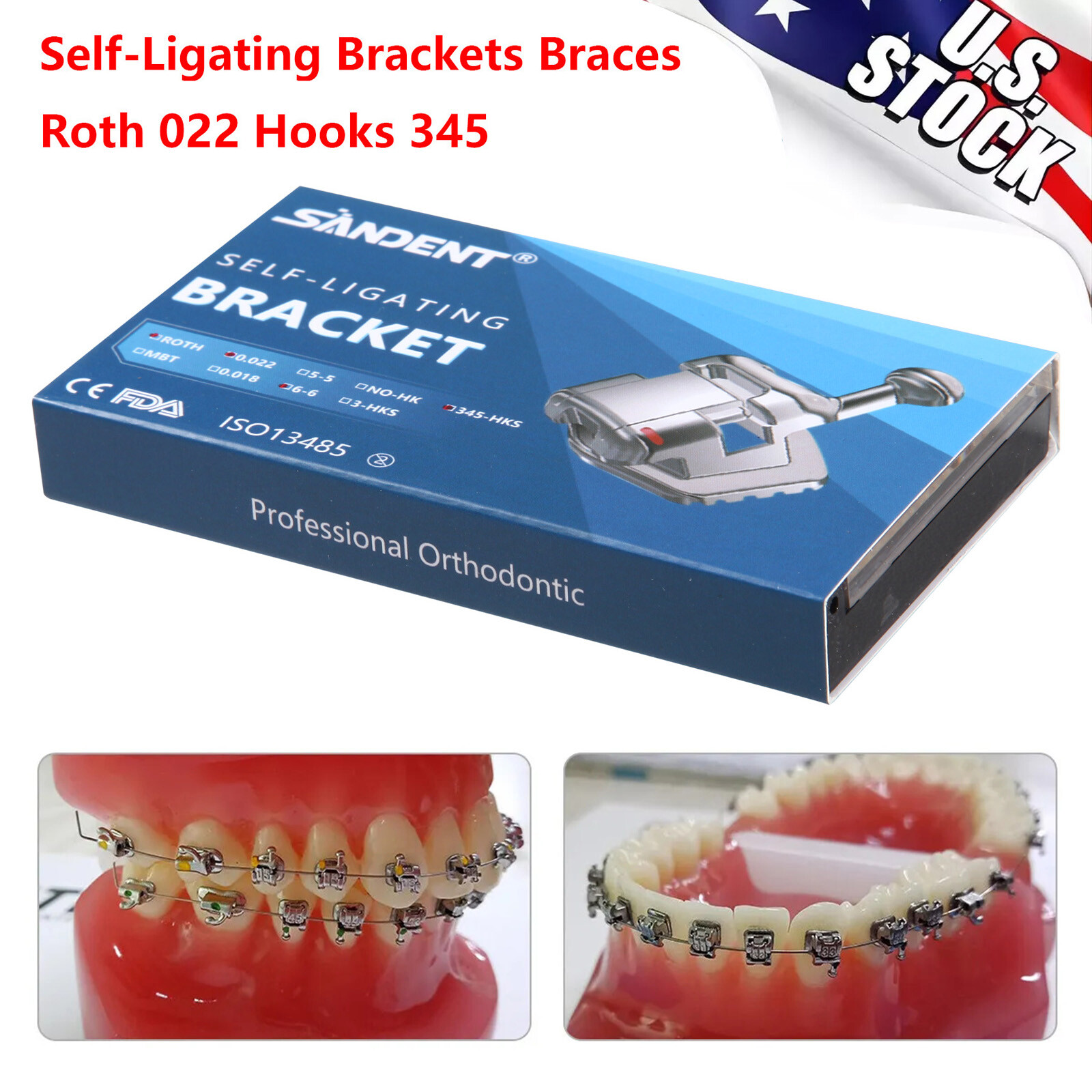 20 PCS Brackets de Ortodoncia Dental Autoligado Pasivo Roth 022 Ganchos 345 USA