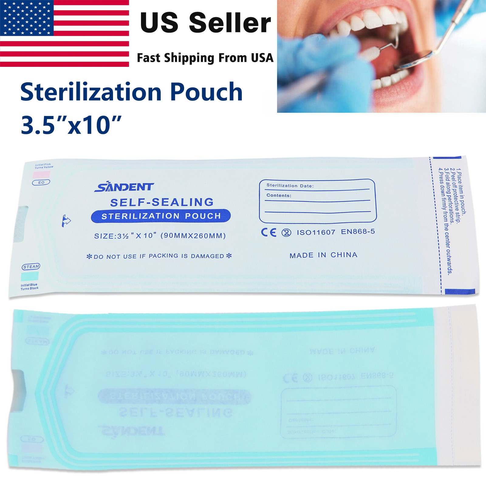 400 Self-Sealing Sterilization Pouch Bag, 3.5″ x 10″, Dental Tattoo (2 Boxes)