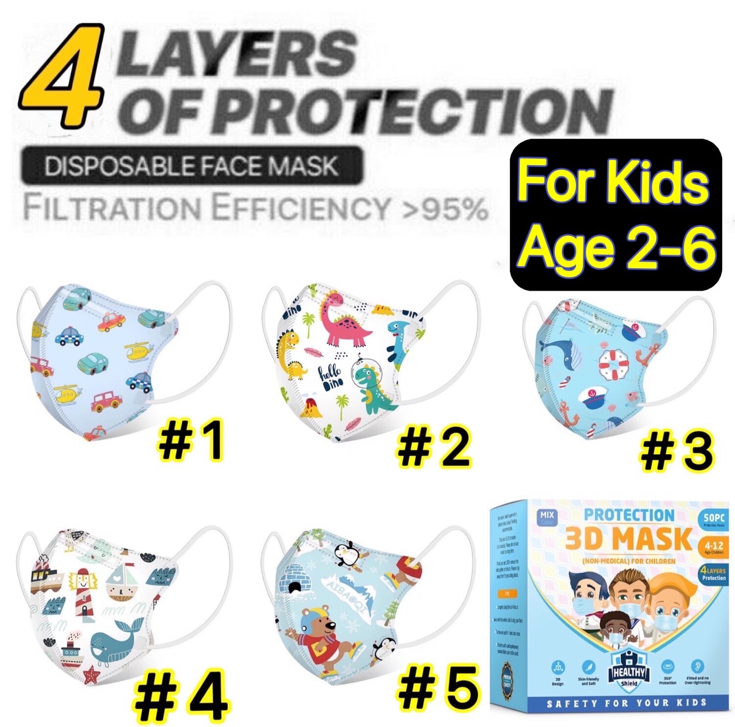 10/50Pcs Cartoon Kids BFE 95% Protective 4 Layer Face Mask Disposable Respirator