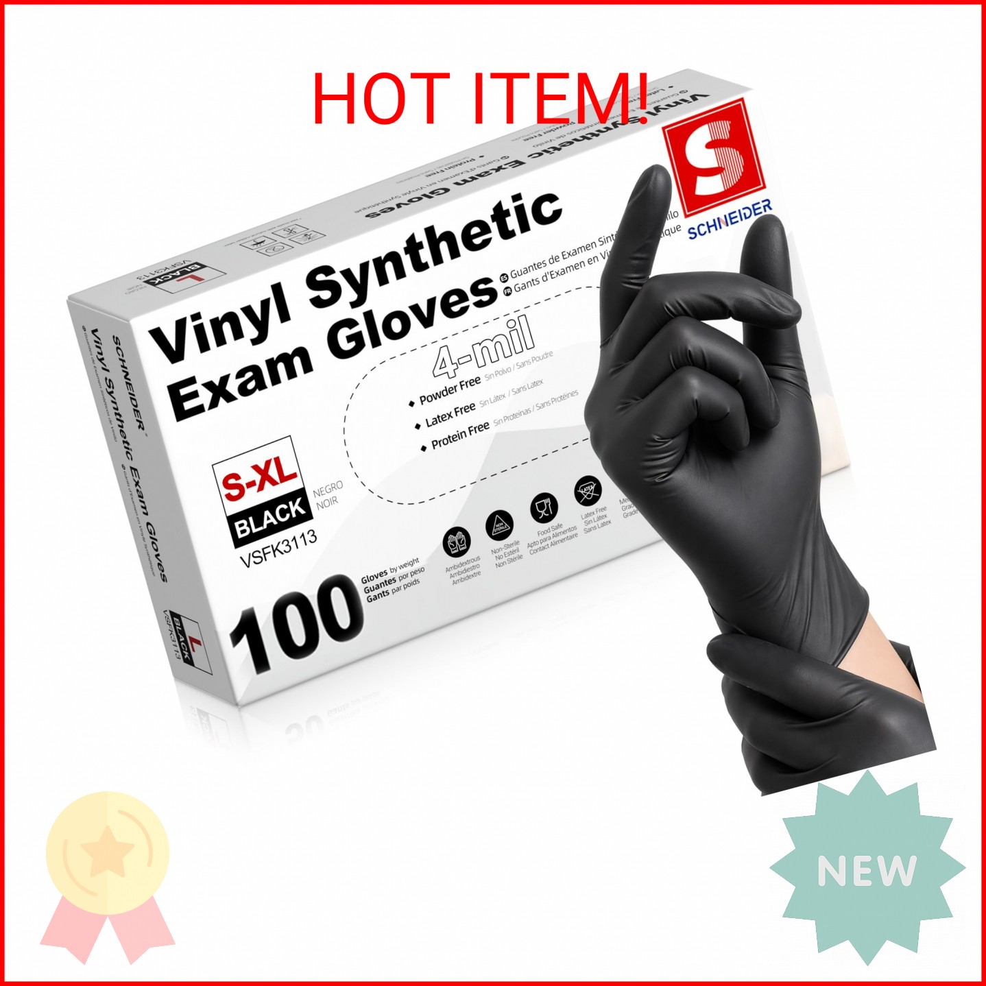 Schneider Black Vinyl Synthetic Exam Gloves, 4 Mil, Large, Disposable Gloves Lat