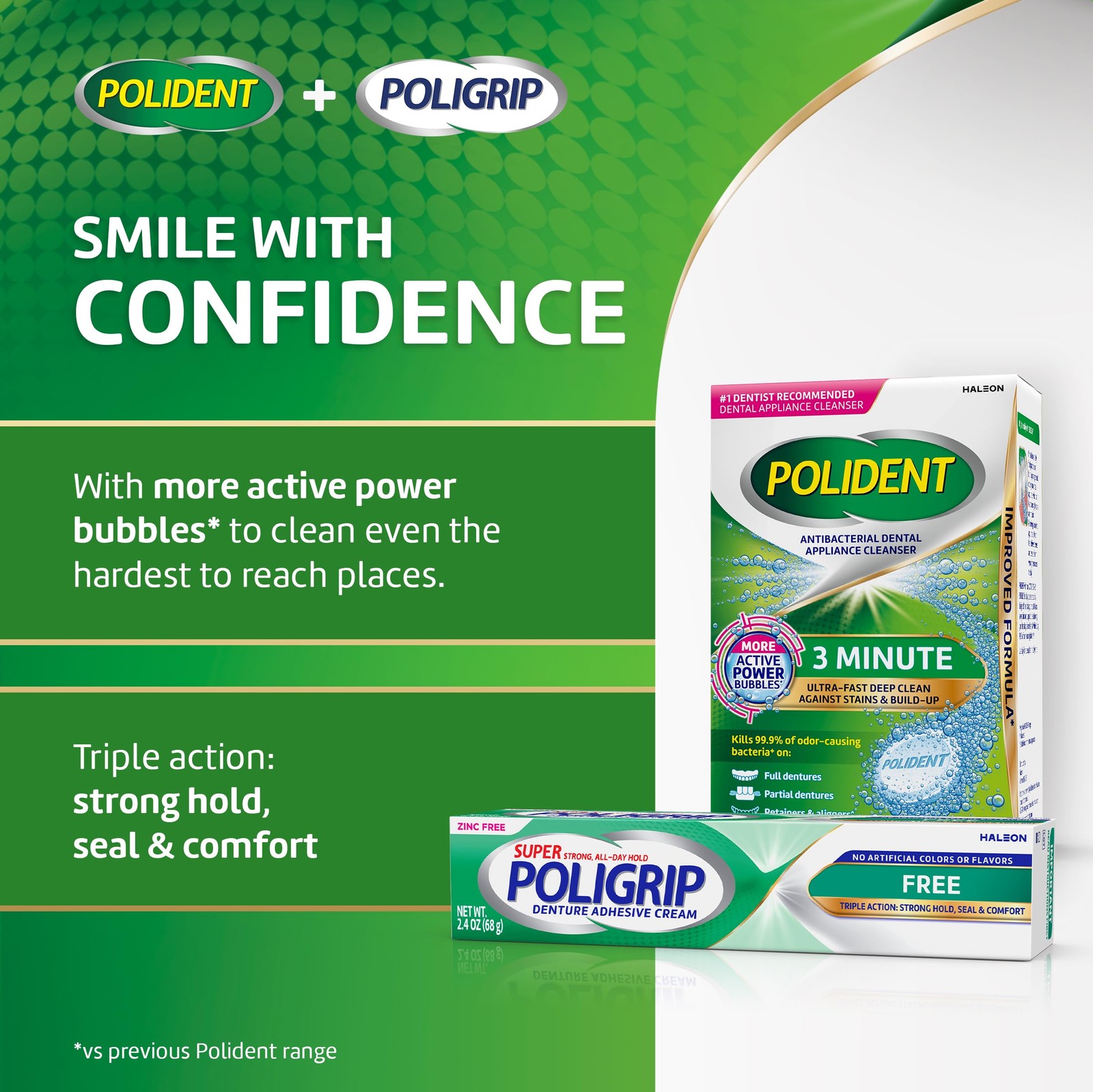 Poligrip Free Denture Adhesive Cream, Strong All 2.4 Ounce (Pack of 4), White