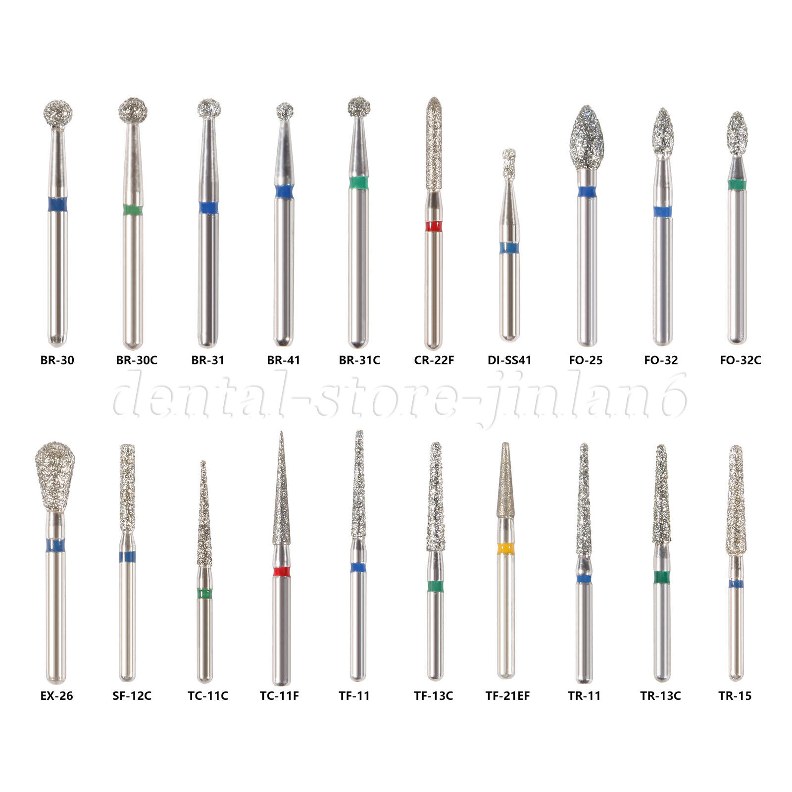 100pcs Dental Diamond Burs FG 1.6mm 20 Types for High Speed Handpiece Tubine