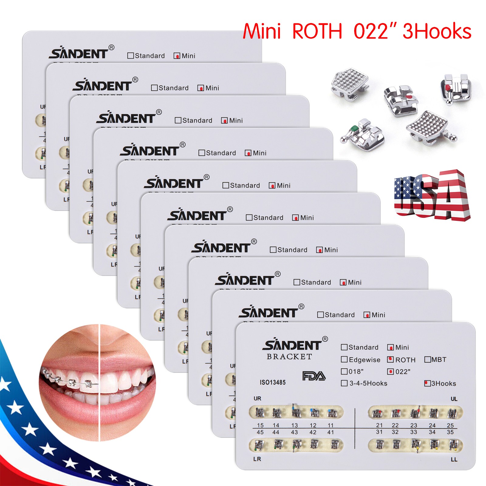 10Packs Soportes de ortodoncia dental Braces Mini Roth Slot.022 3 ganchos
