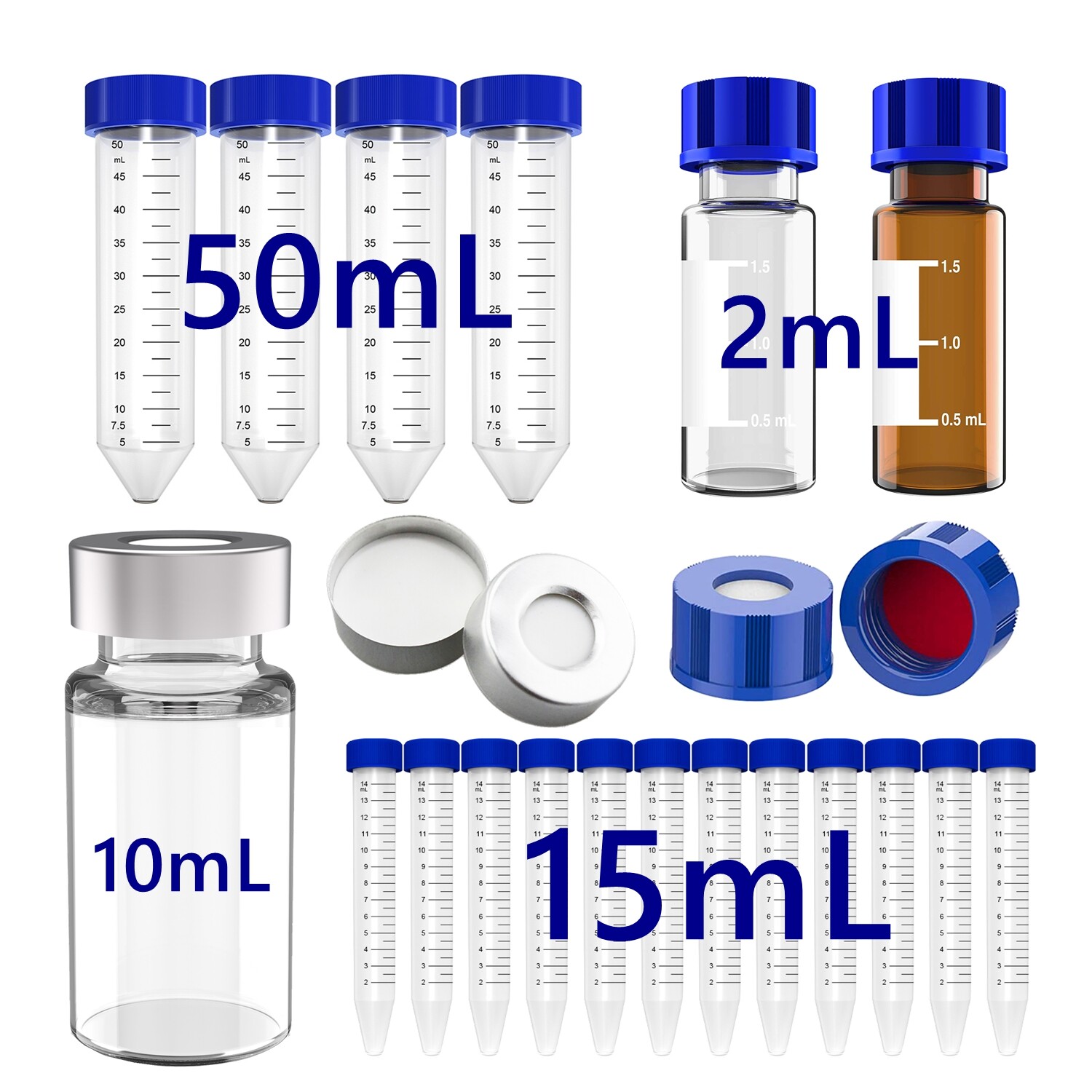 2mL/10mL Amber/Clear Sample Glass Vials, 15mL/50mL Conicial Centrifuge Tubes Cap