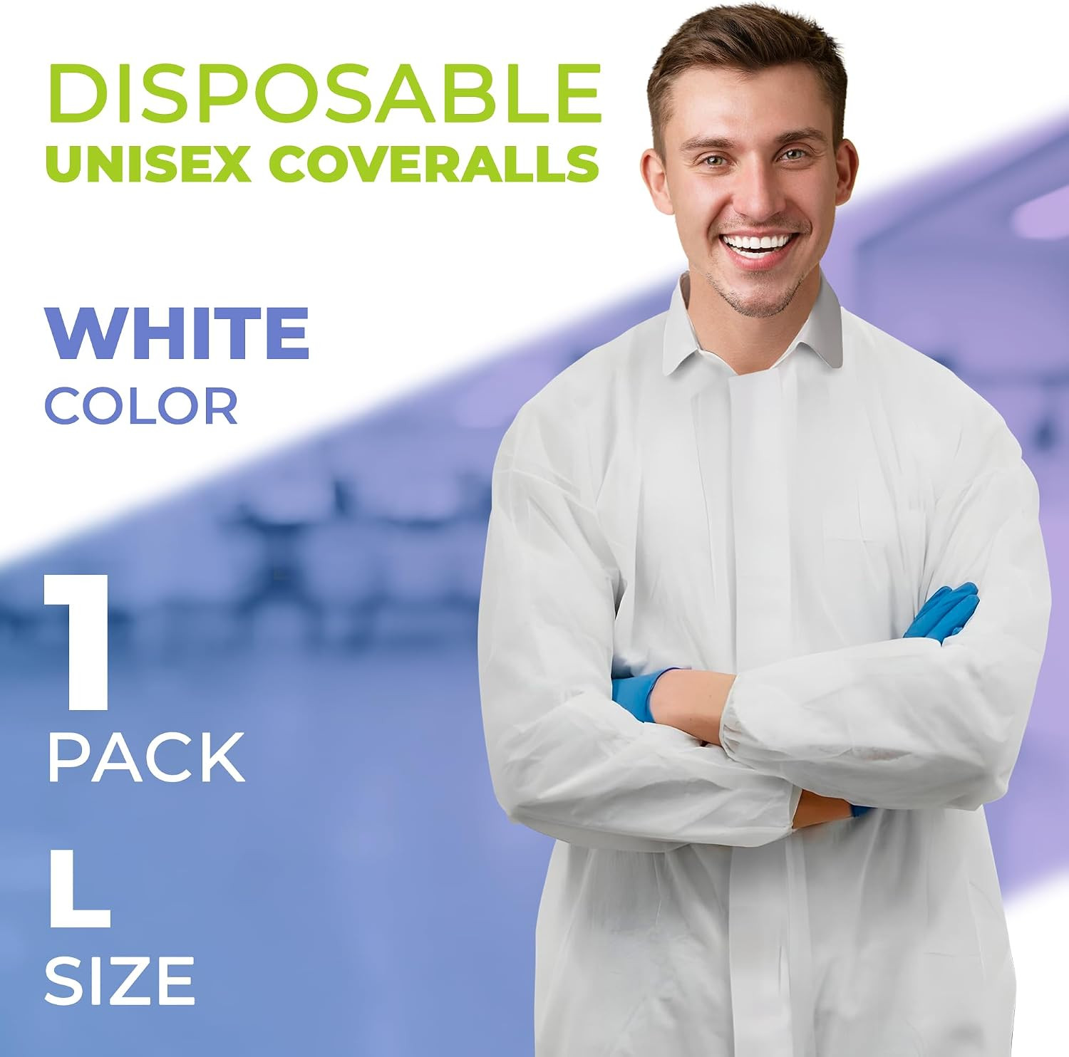 Disposable Coveralls for Men & Women, Large. Pack of 1 Lab
