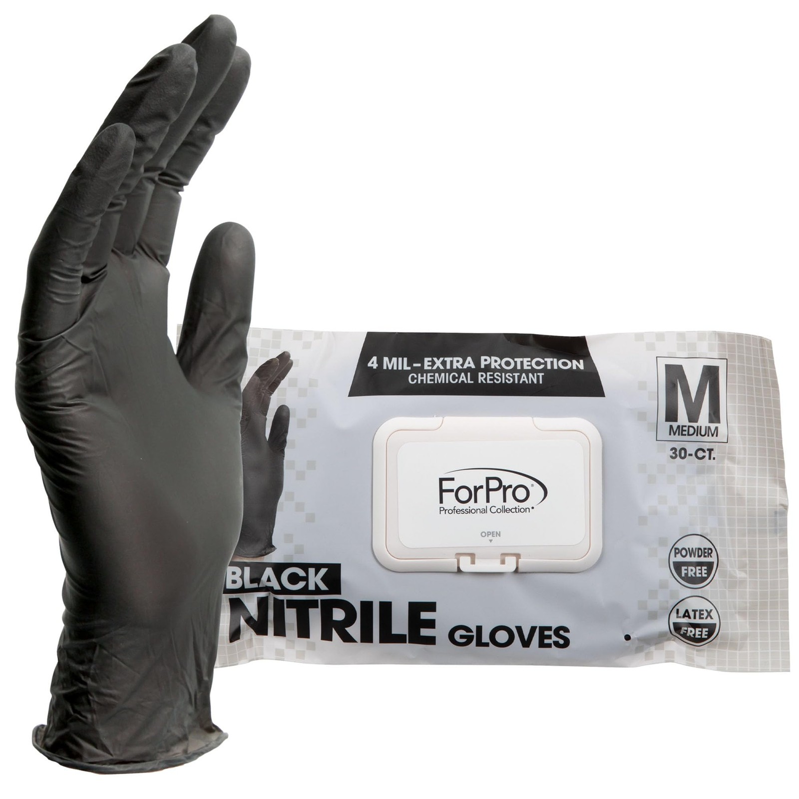 ForPro Nitrile Gloves, Chemical Resistant, Powder~Free, Black, Medium, 30~Count