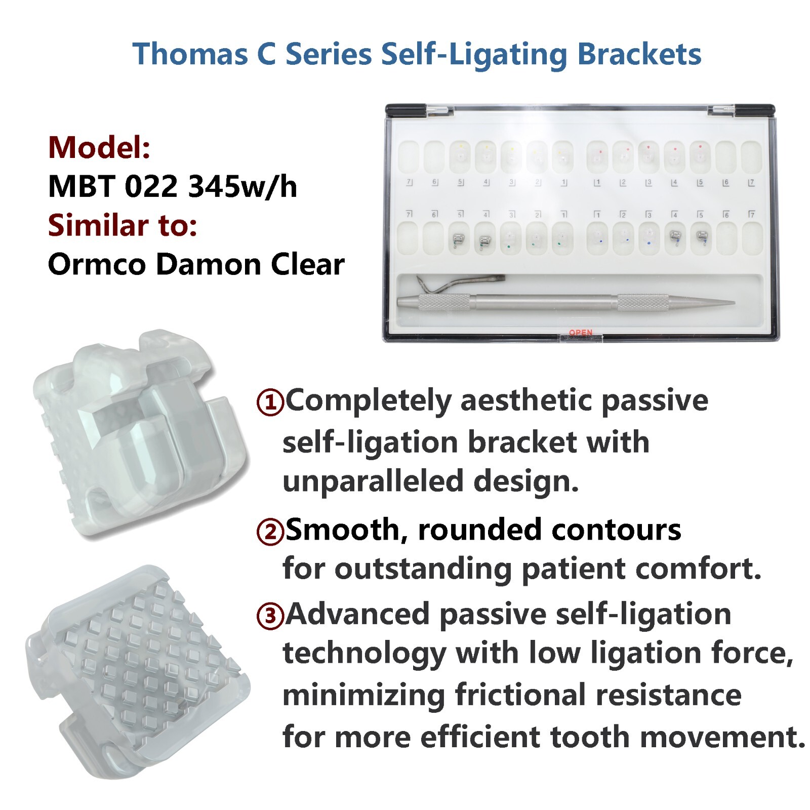 Dental Orthodontic Self Ligating Ceramic Brackets Roth MBT 022 345 Hooks 5-5