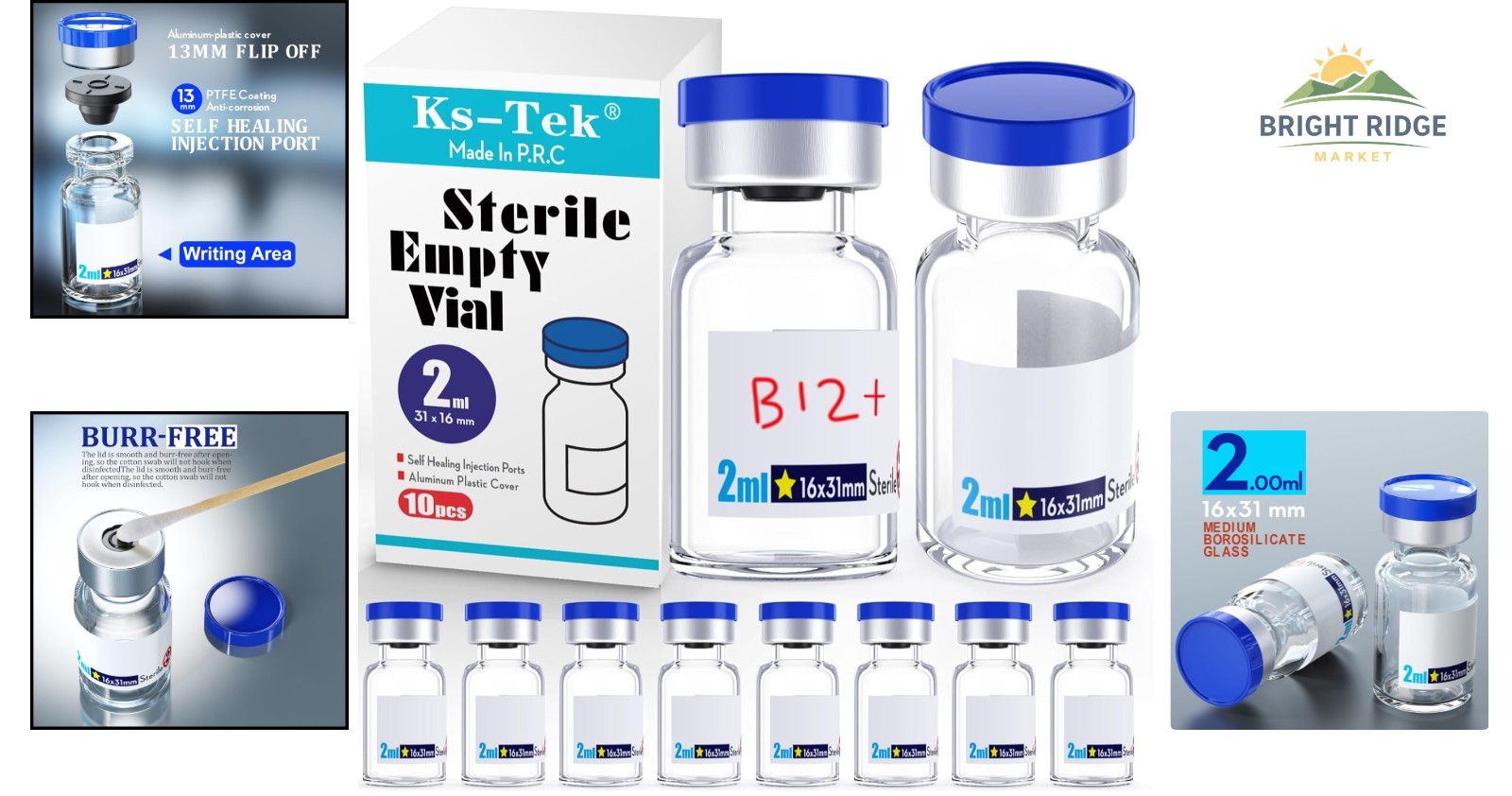 Sterile Empty Glass Vials with Self Healing Injection Port, 2ml Clear Pack