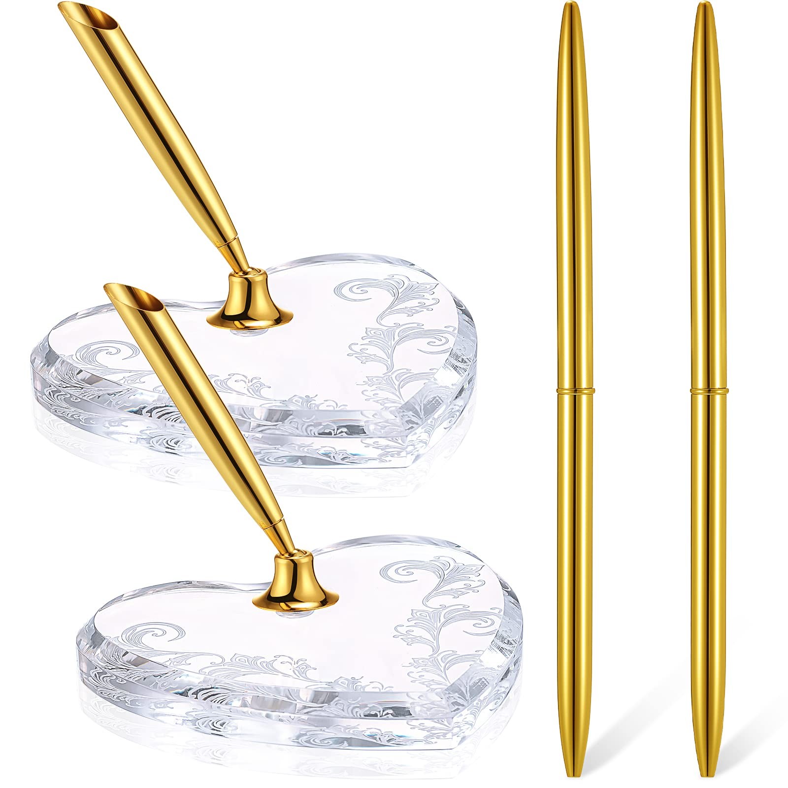 Outus 2 Pcs Wedding Pens Set For Guest Book Acrylic Heart Pen Holder Stand Gold