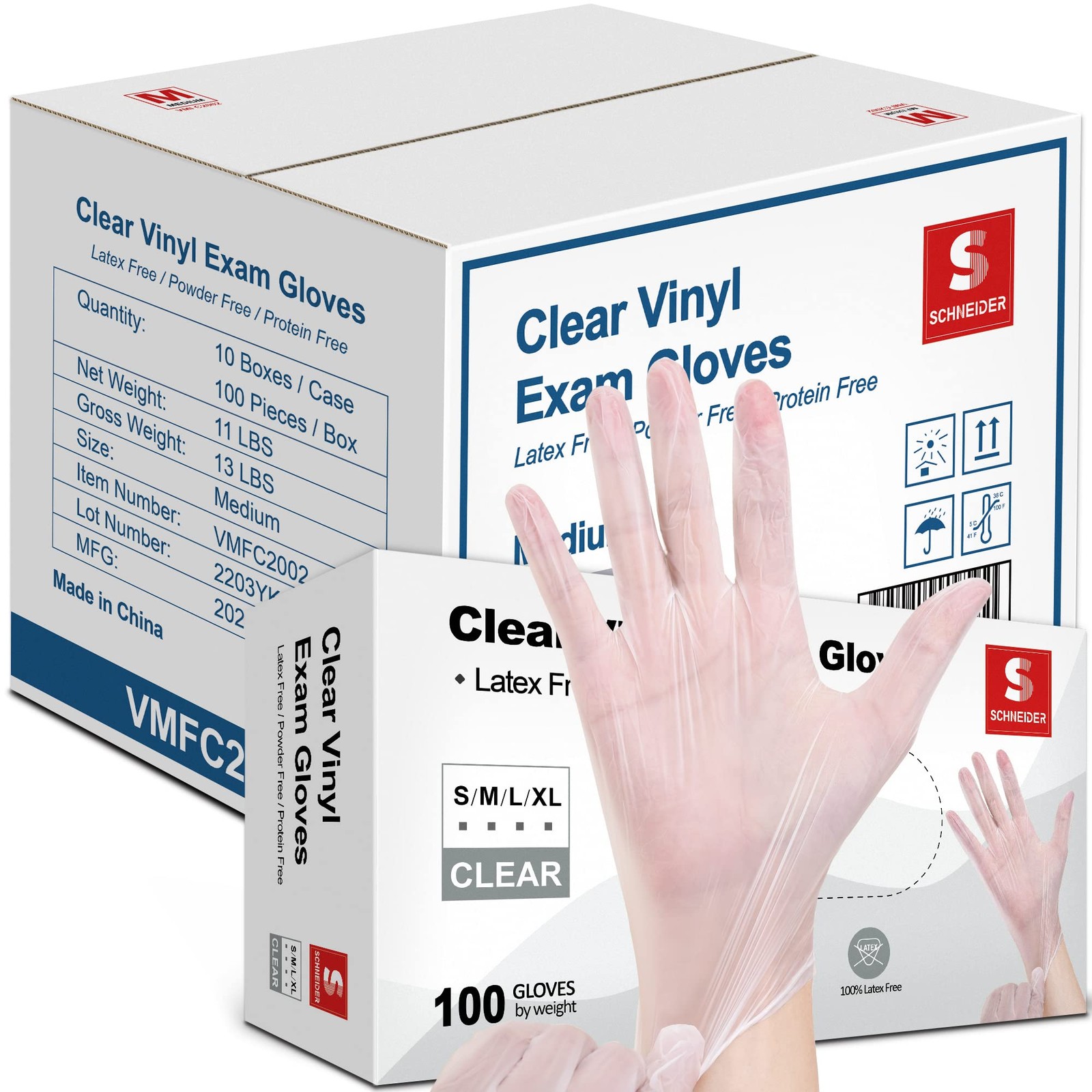 Schneider Clear Vinyl Exam Gloves, 4mil, XL 1000ct Case, LatexFree, Disposabl…