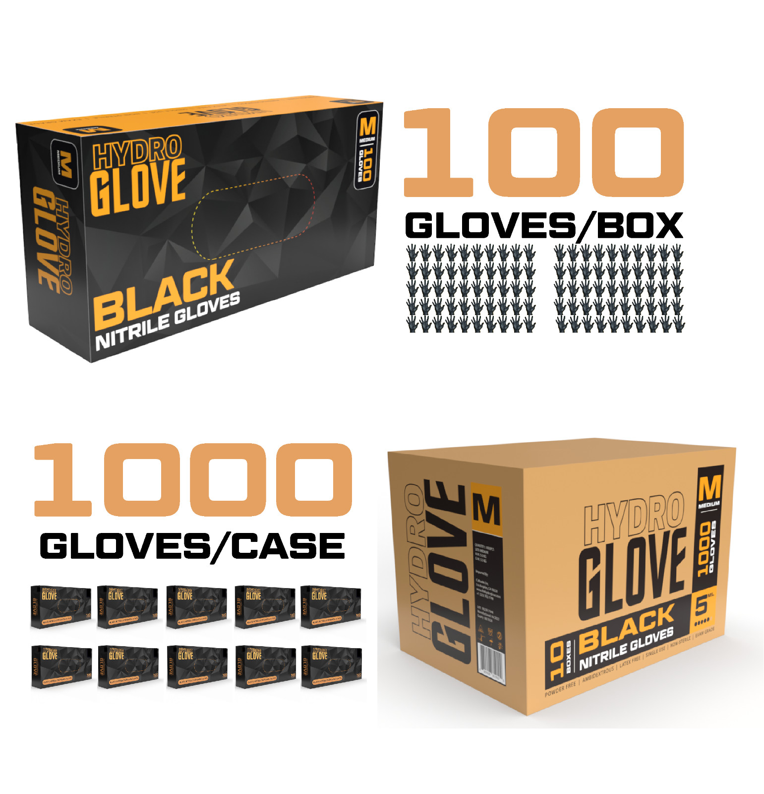 HydroGlove 6 MIL Black Nitrile Exam Gloves | Case of 1000 | Medical & Food Grade