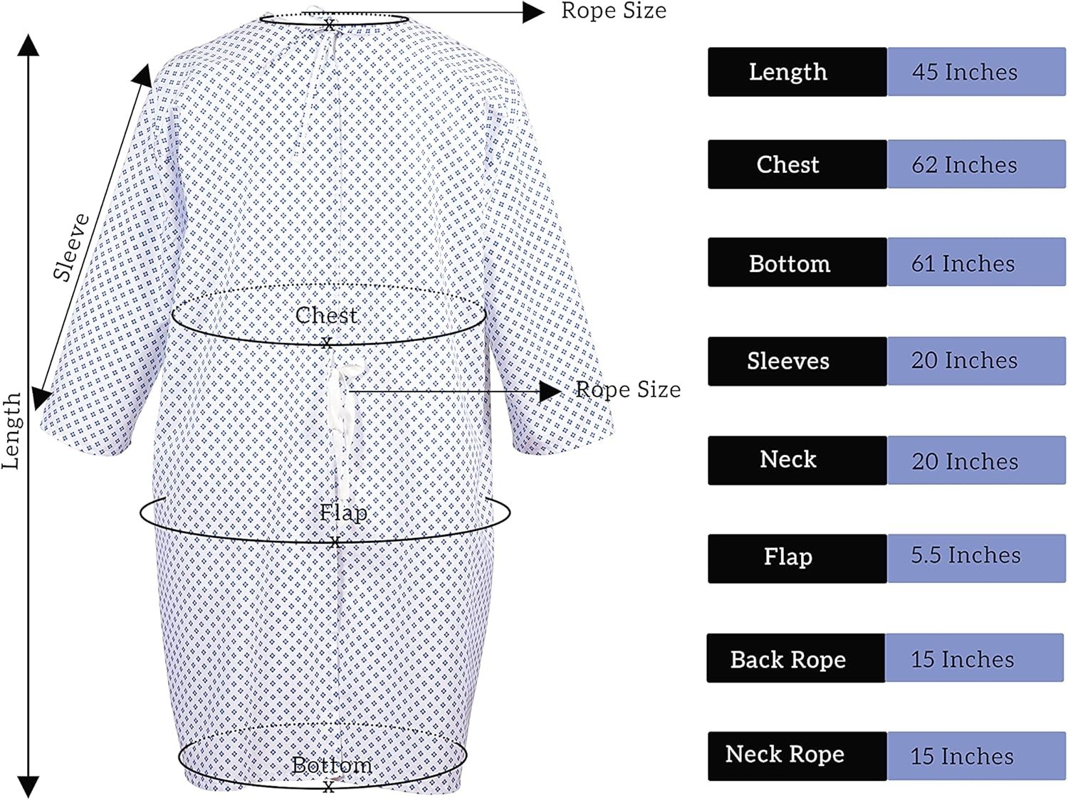 Hospital Gowns for Women and Men – 45″ Long & 62″ Wide