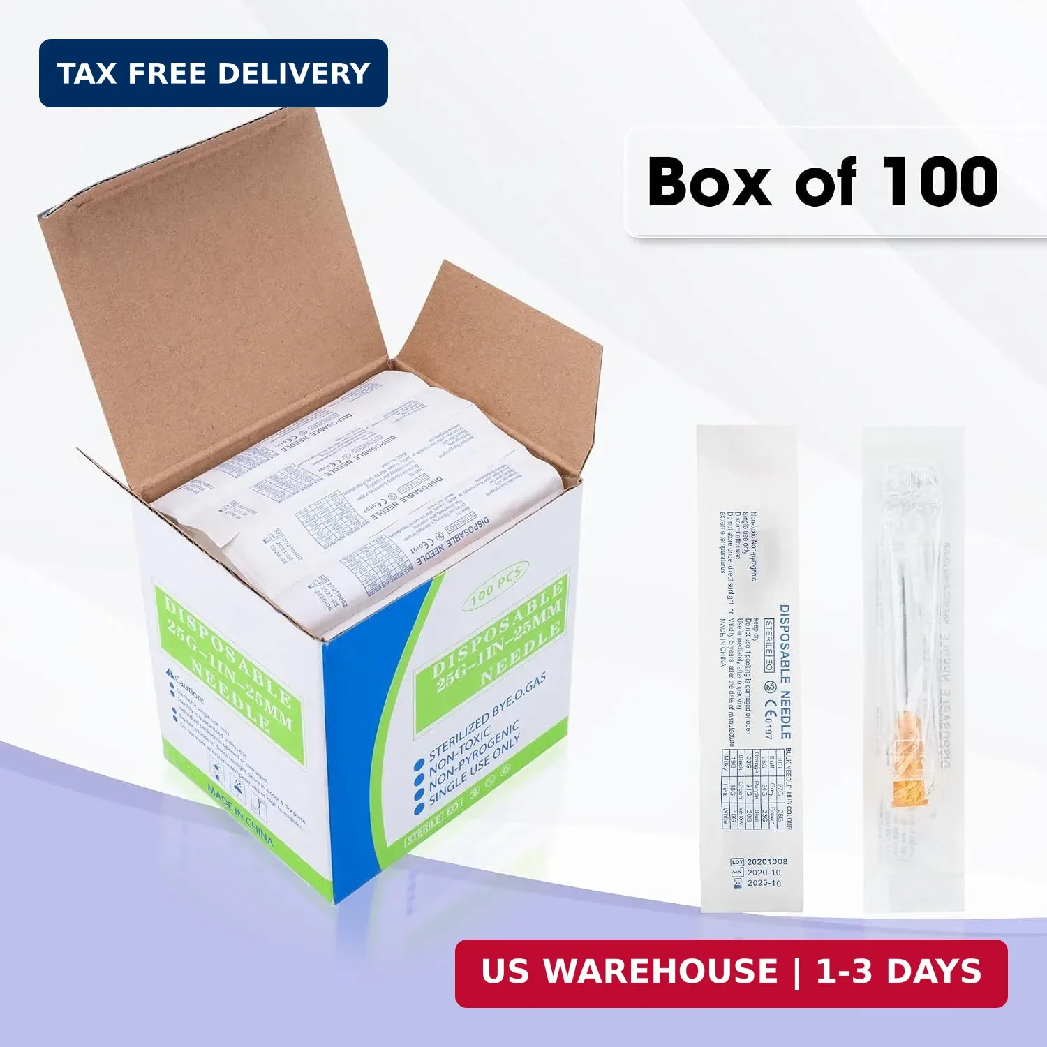 25G 1 inch Lab Dispensing Luer Lock Needles with Caps, Disposable Sterile Wrappe