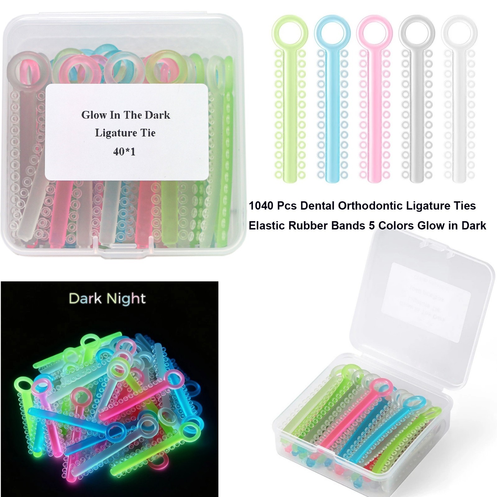 1040 Pcs Dental Orthodontic Ligature Tie Elastic Rubber Band 5 Colors Night Glow