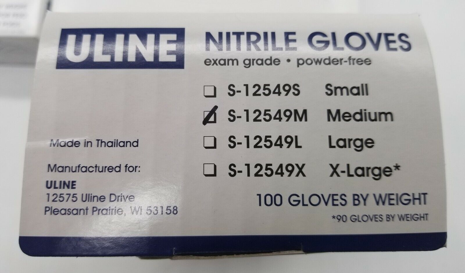 One(1) Box of 100 Uline Medium S-12549 Nitrile Gloves Exam Grade Powder Free