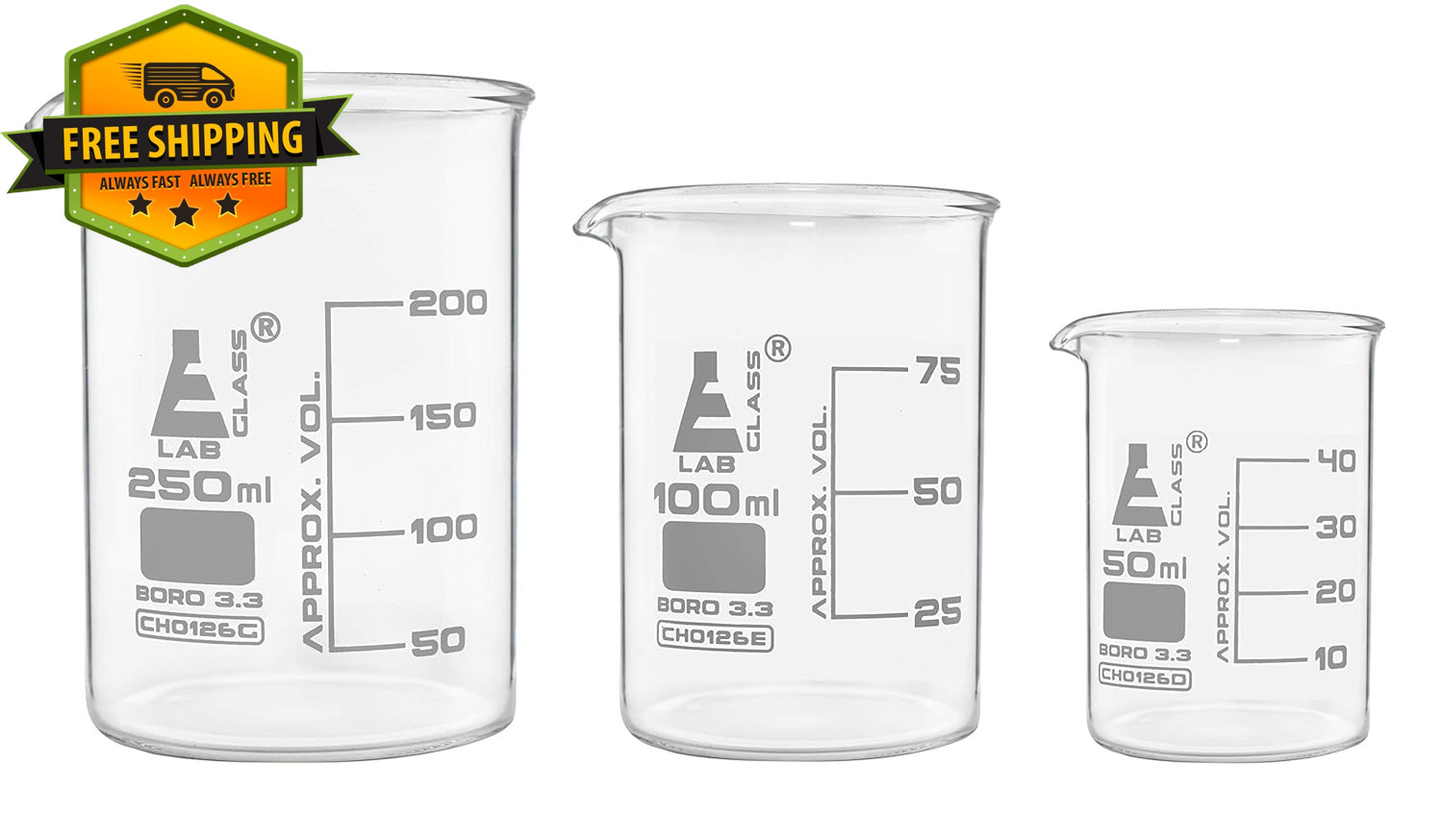 3 Piece Glass Beaker Set 50mL 100mL 250mL Borosilicate Lab Classroom Use