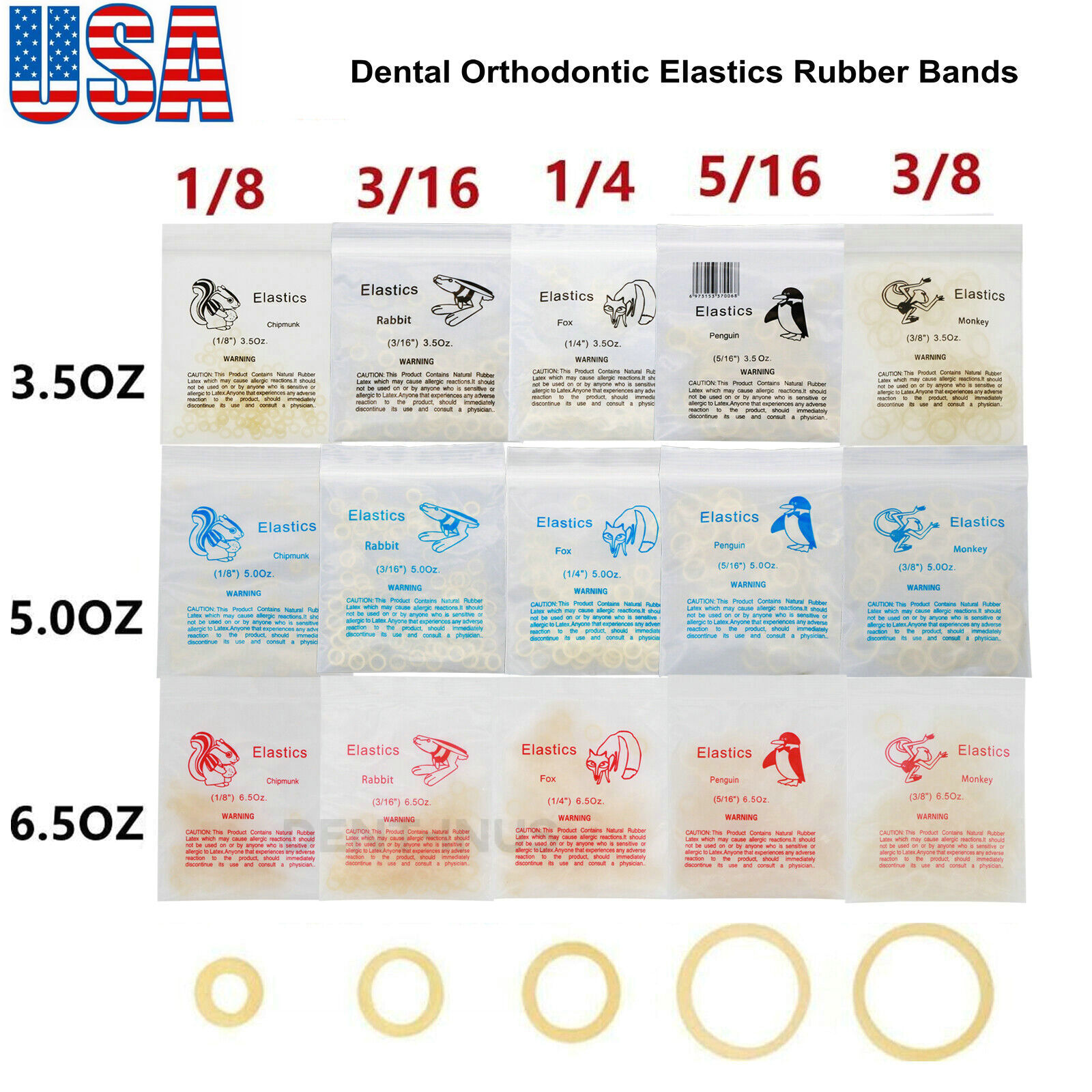 US Dental Orthodontic Rubber Bands 3.5 5.0 6.5OZ Ortho Elastics Latex Braces
