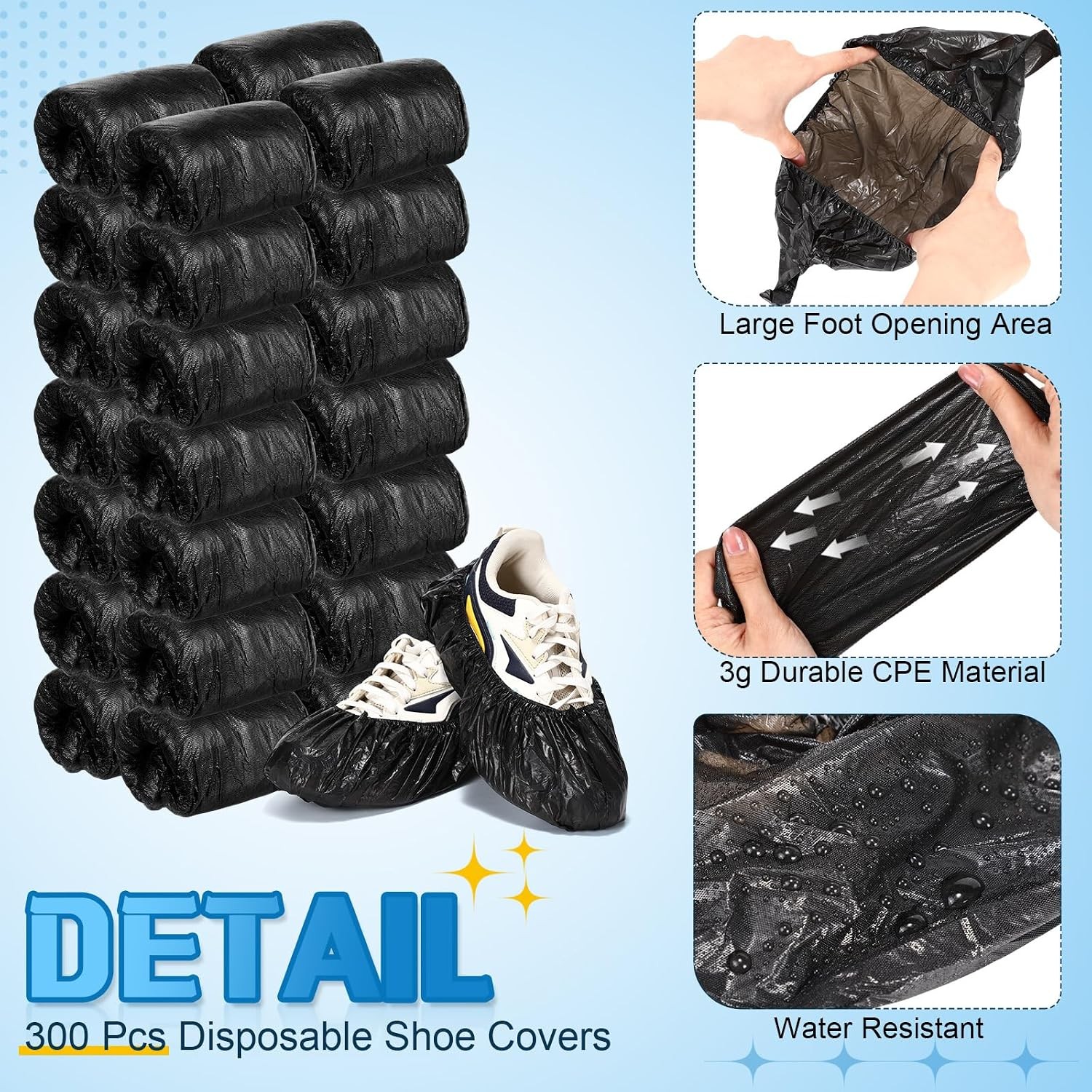300 Pcs Black Disposable Waterproof Shoe Covers W/ 1 Pcs Indoor Foldable Storage