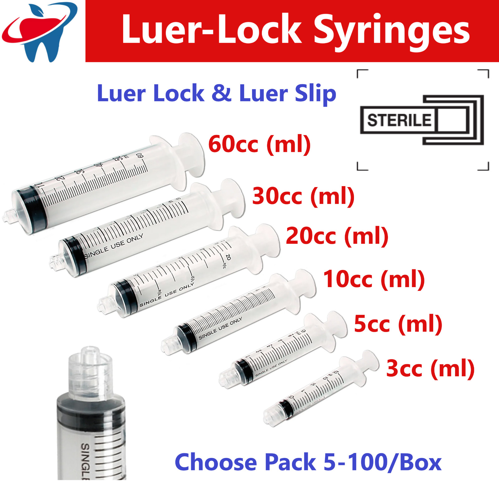 1ml / 1cc Syringe (No Needle) 3cc, 5cc, 6cc, 10cc, 20cc, 30, cc, 60cc, 5-100/Bx