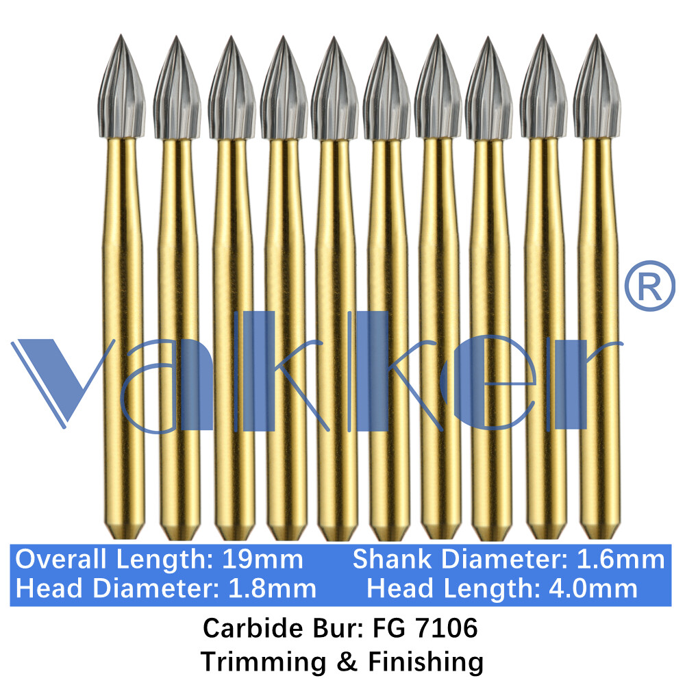 10/Pack Dental Trimming & Finishing Gold Carbide Burs Round Needle Egg Shape