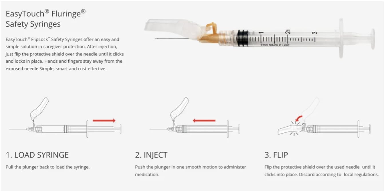 EasyTouch 23G, 3mL, 1″”(25mm) Saftey Syringe, Luer Lock, 100 Count