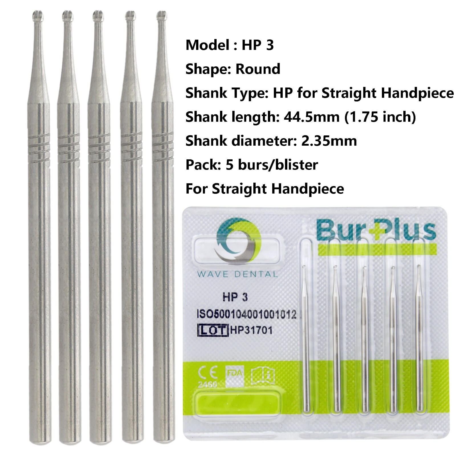 Wave Dental Round Tungsten Carbide Burs HP 44.5mm Shank for Straight Handpiece