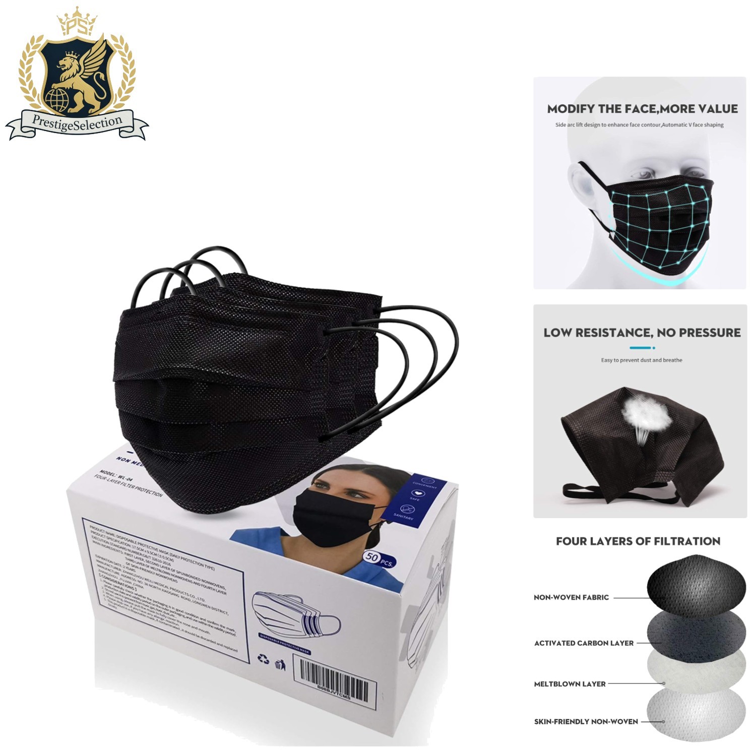 50 Pcs 4-Ply Black Disposable Face Masks – Comfortable & Reliable Protection