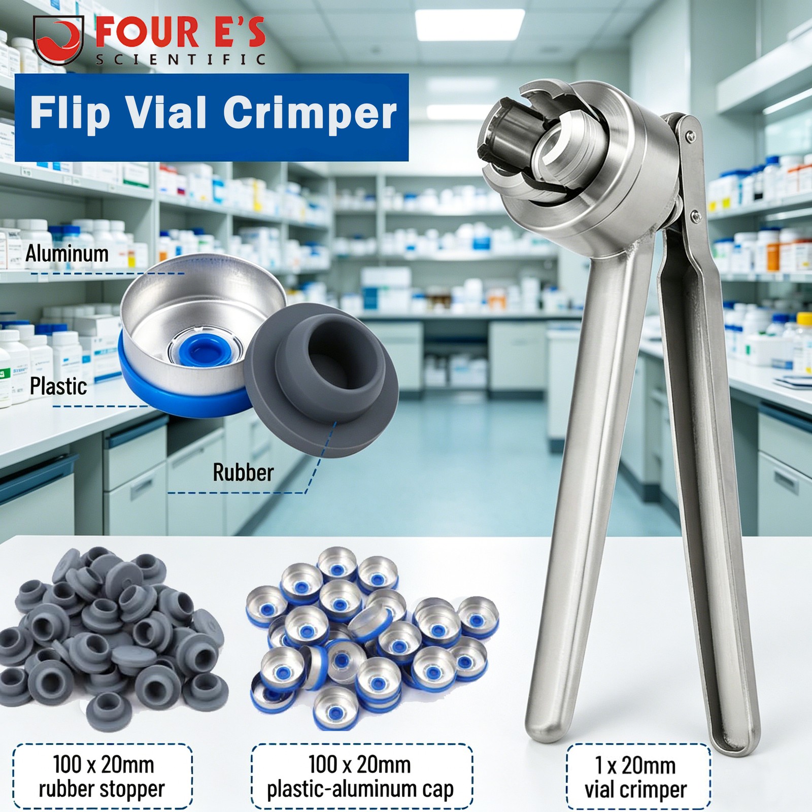 20mm Flip Vial Crimper, Crimping Tool w/ (100 Pcs Flip Caps and Rubber Stoppers)