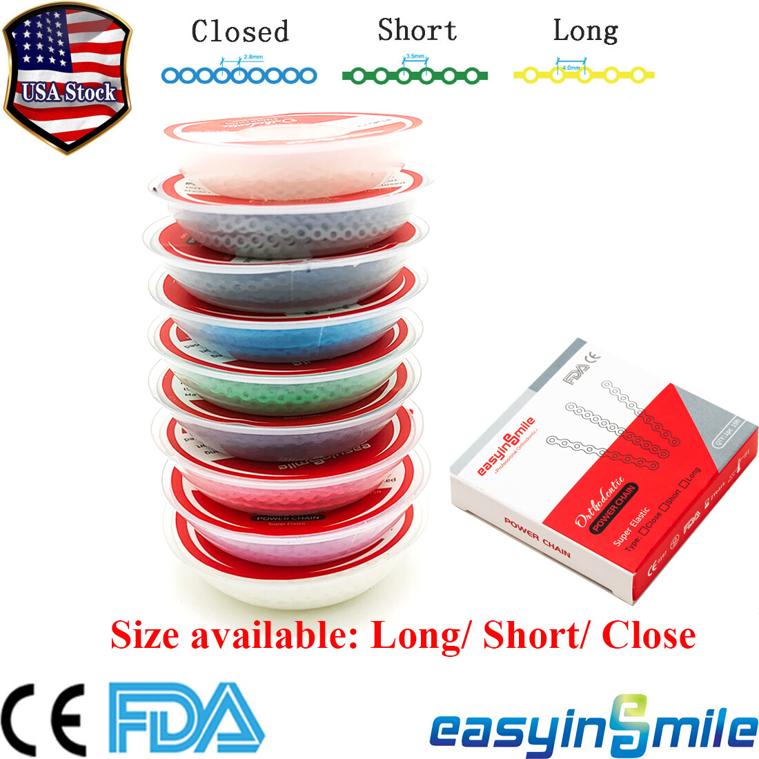 Dental Orthodontic Power Chains Elastic Braces Rubber Bands Short Long Closed
