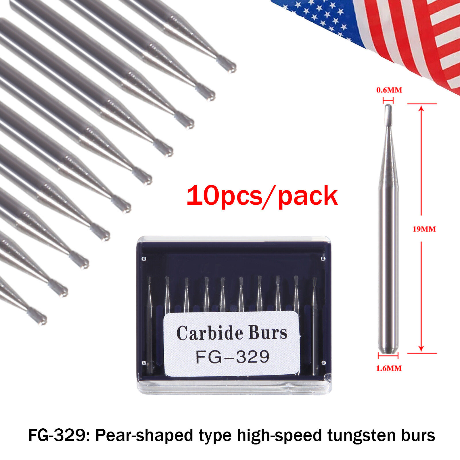 1-10*Dental Carbide Burs Pear-Shaped Type for High Speed Tungsten Steel FG#329