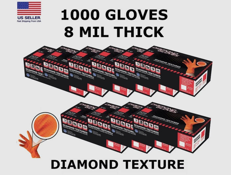 8 Mil Orange Heavy Duty Nitrile Diamond Textured Gloves Case 1000 PCS – S M L XL