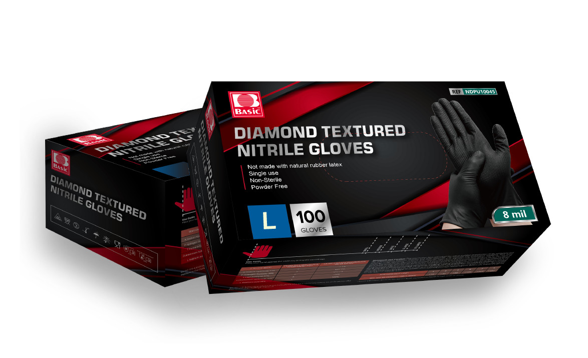 Diamond Textured Black Industrial Nitrile Gloves 8 Mil Large, 100/Bx