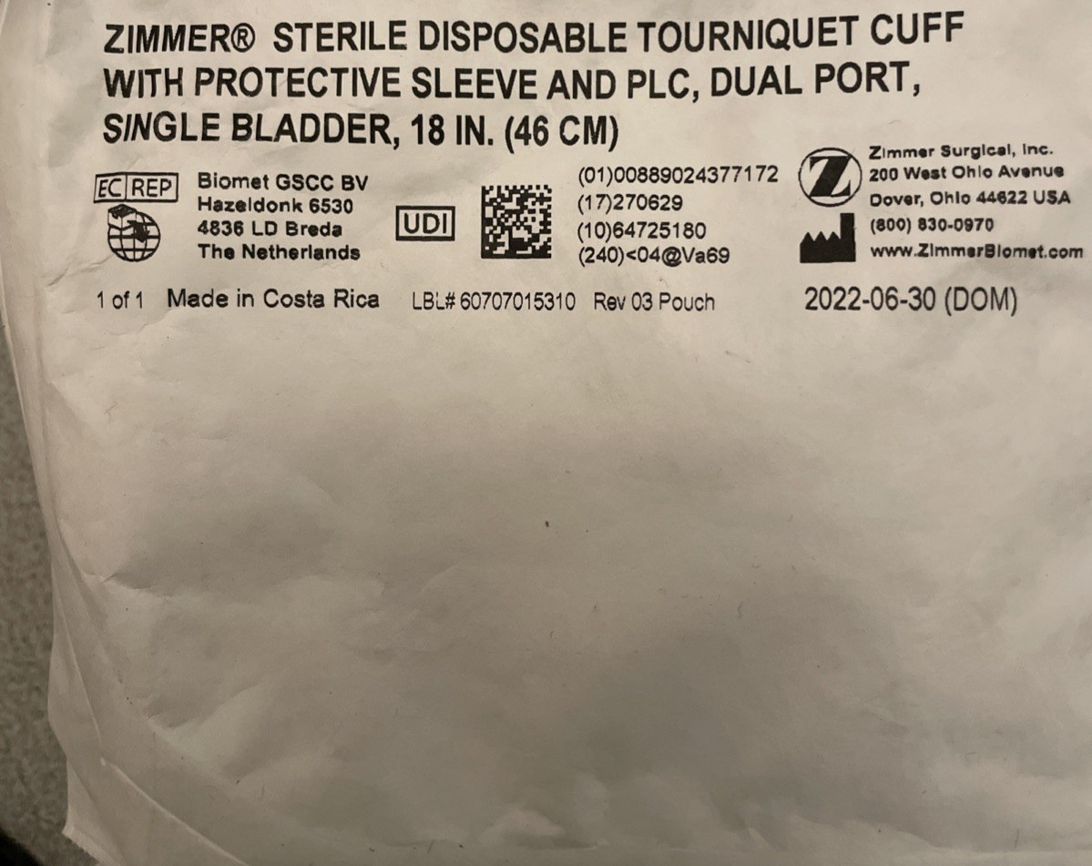 Zimmer Tourniquet Disposable Cuff – Dual Port Single Bladder 18″ Exp 06/2027
