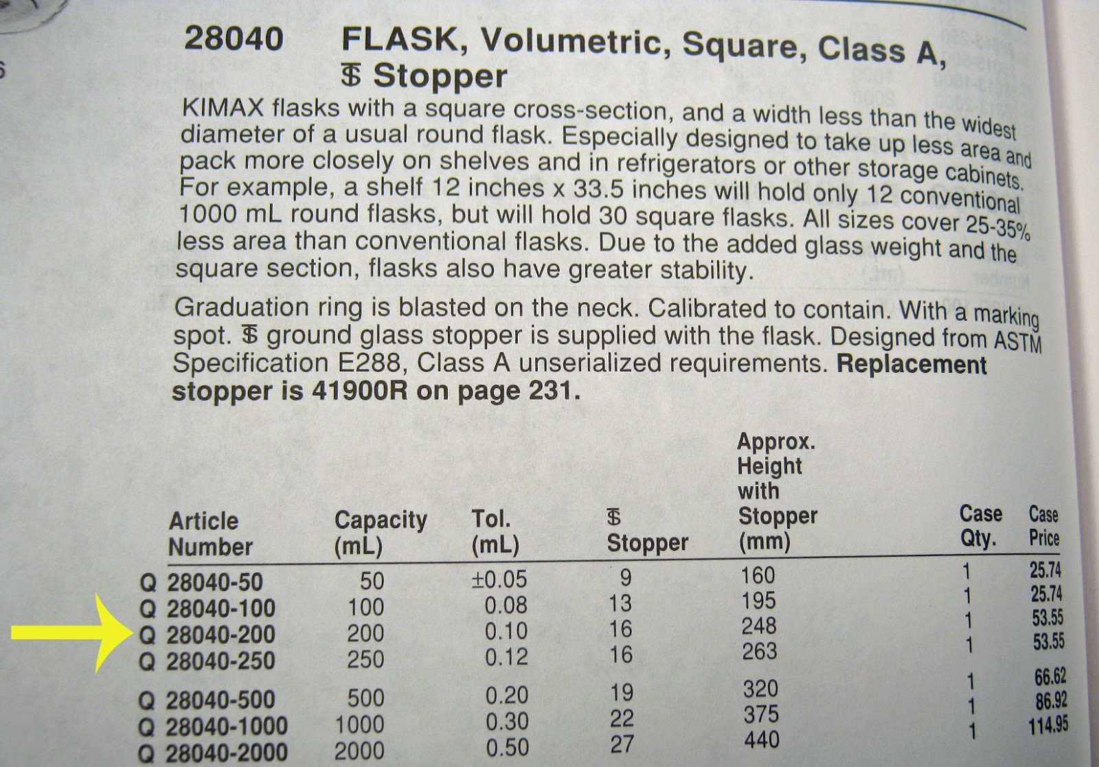 KIMBLE 250 ML VOLUMETRIC FLASKS SQUARE CLASS “A” X2 NEW OLD STOCK FREE SHIPPING