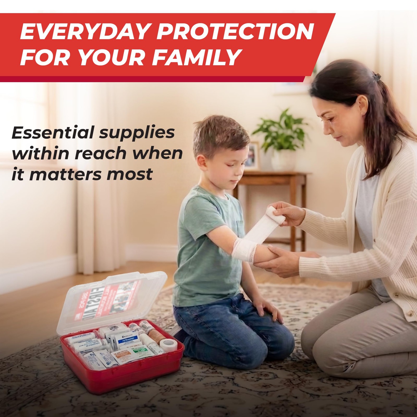M2 BASICS 350 Piece Professional Wall-Mount First Aid Kit, 350 Set, Red