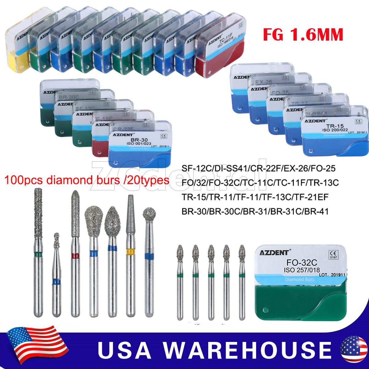100pcs 20 tipos Fresas de diamante medianas dentales de alta velocidad FG1.6 MM