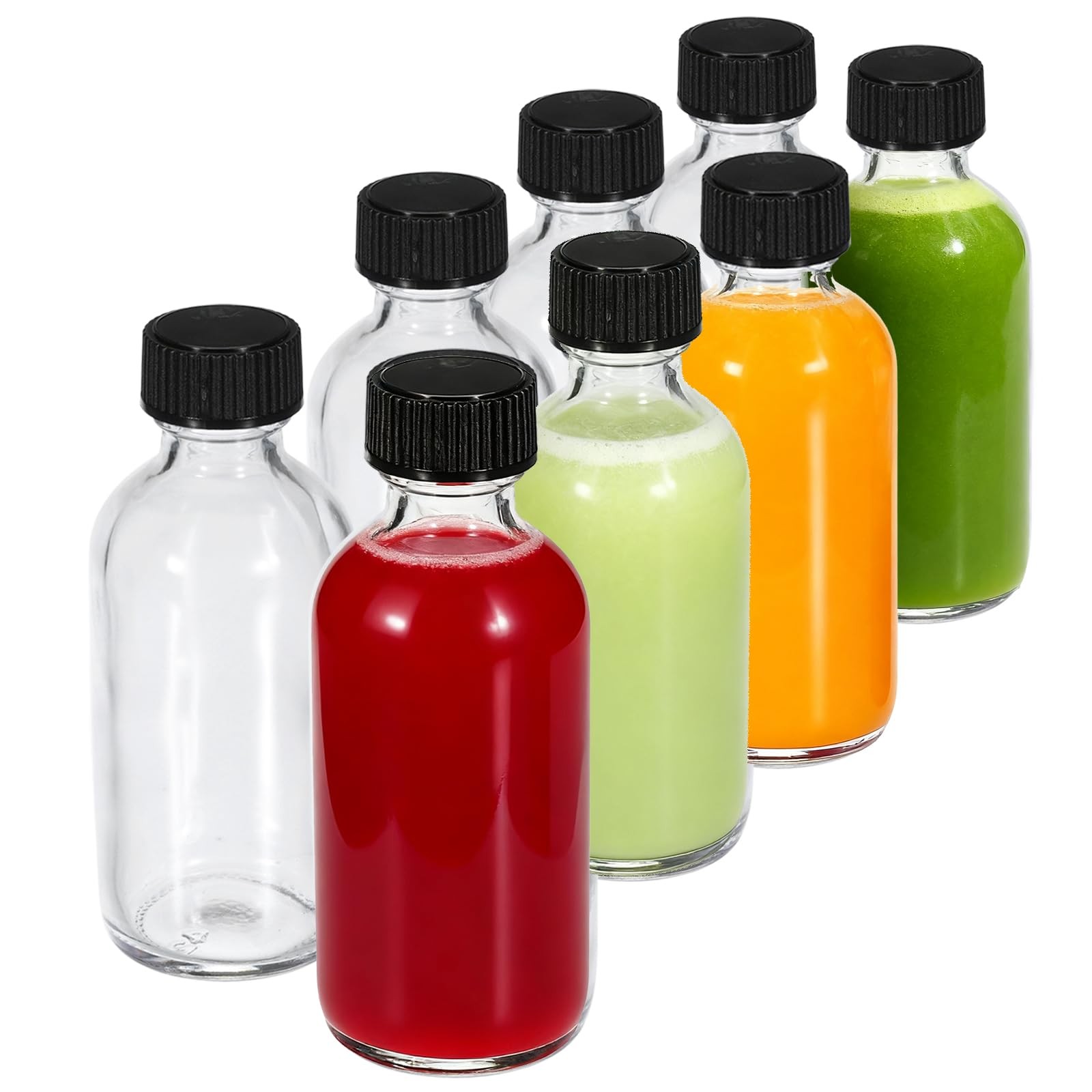 JohnBee 8-Pack 2 oz (60ml) Small Glass Boston Round Bottles with 8Pack, Clear