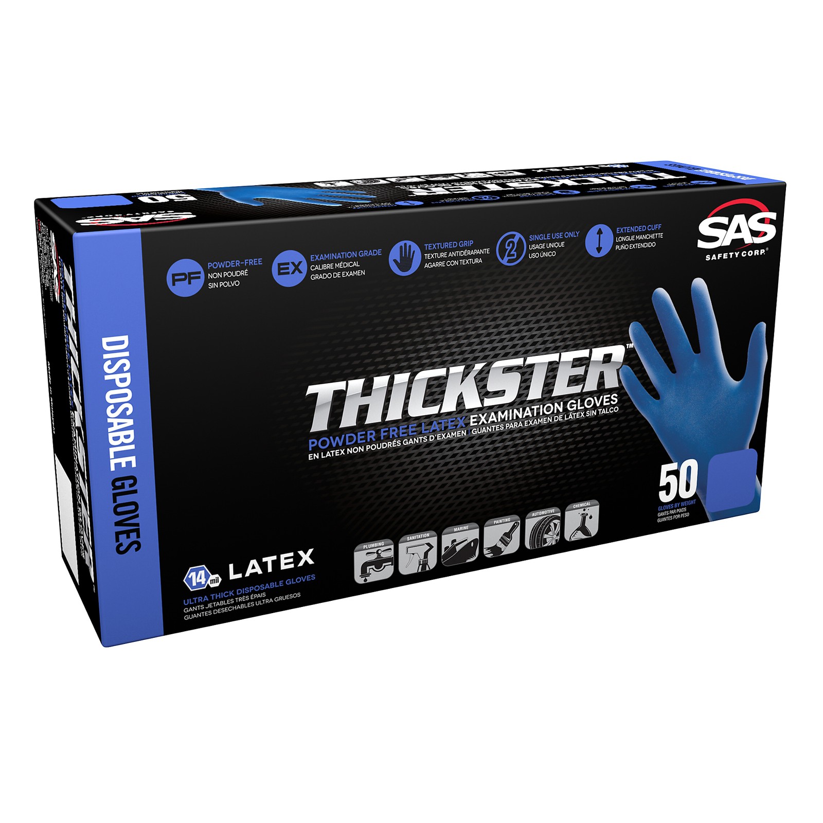 Thickster Powder-Free Latex Disposable Gloves, 14 Mil, Textured Grip, Blue,