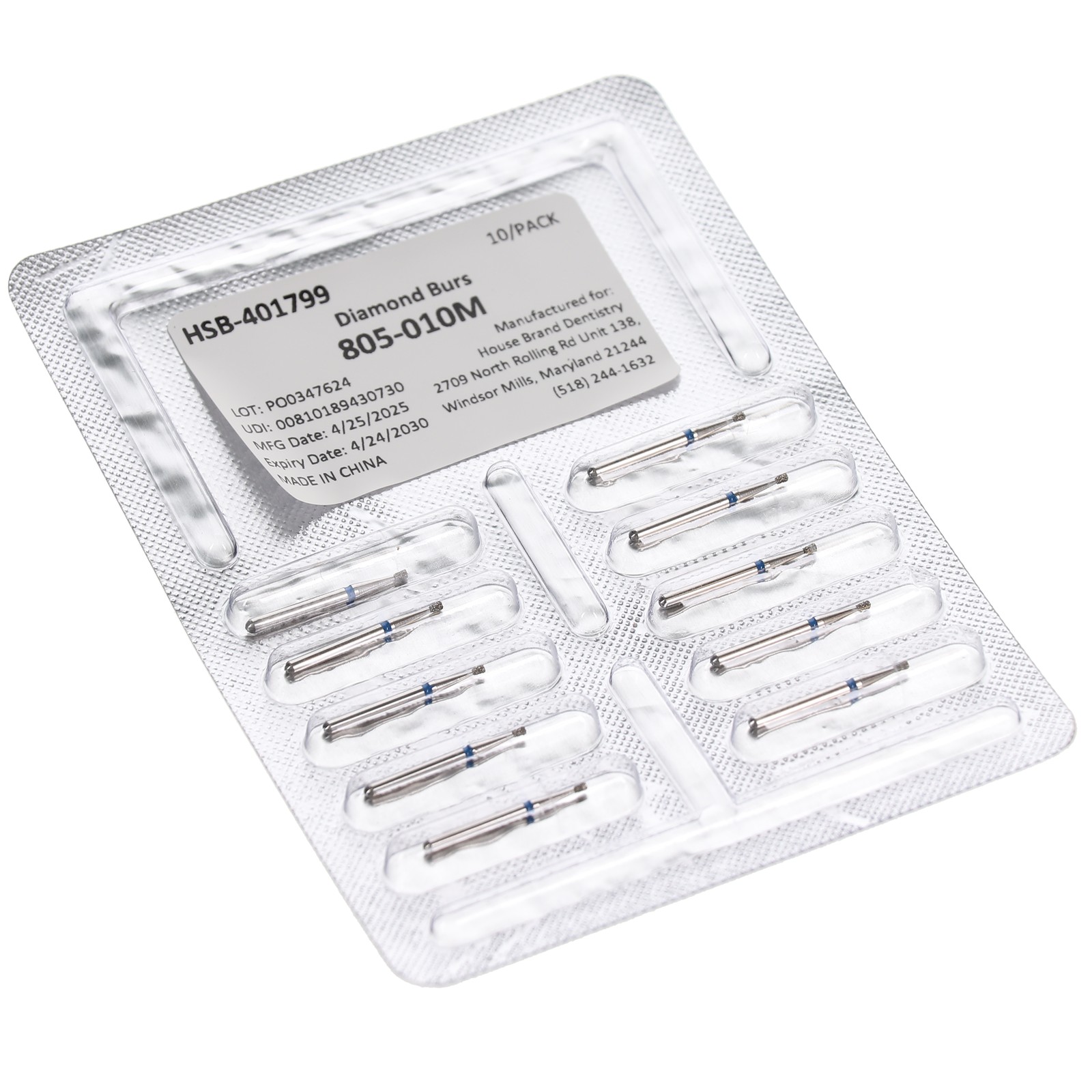 House Brand Dentistry 401799 FG 805-010M Inverted Cone Medium Diamond Burs 10/Pk