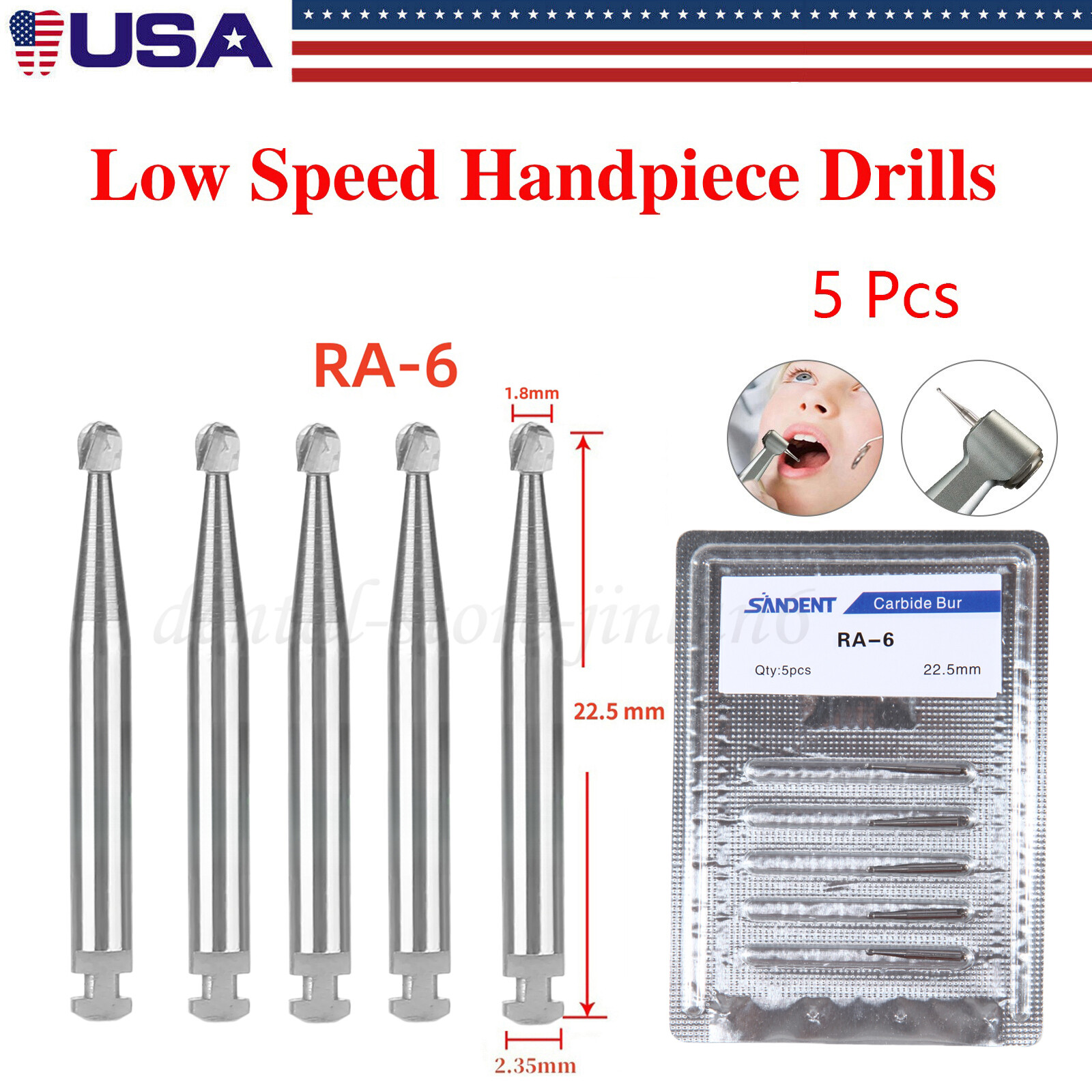 5 Pcs/Pack Dental 22.5mm Round Carbide Bur Slow Speed Latch Type RA4 Burs USA